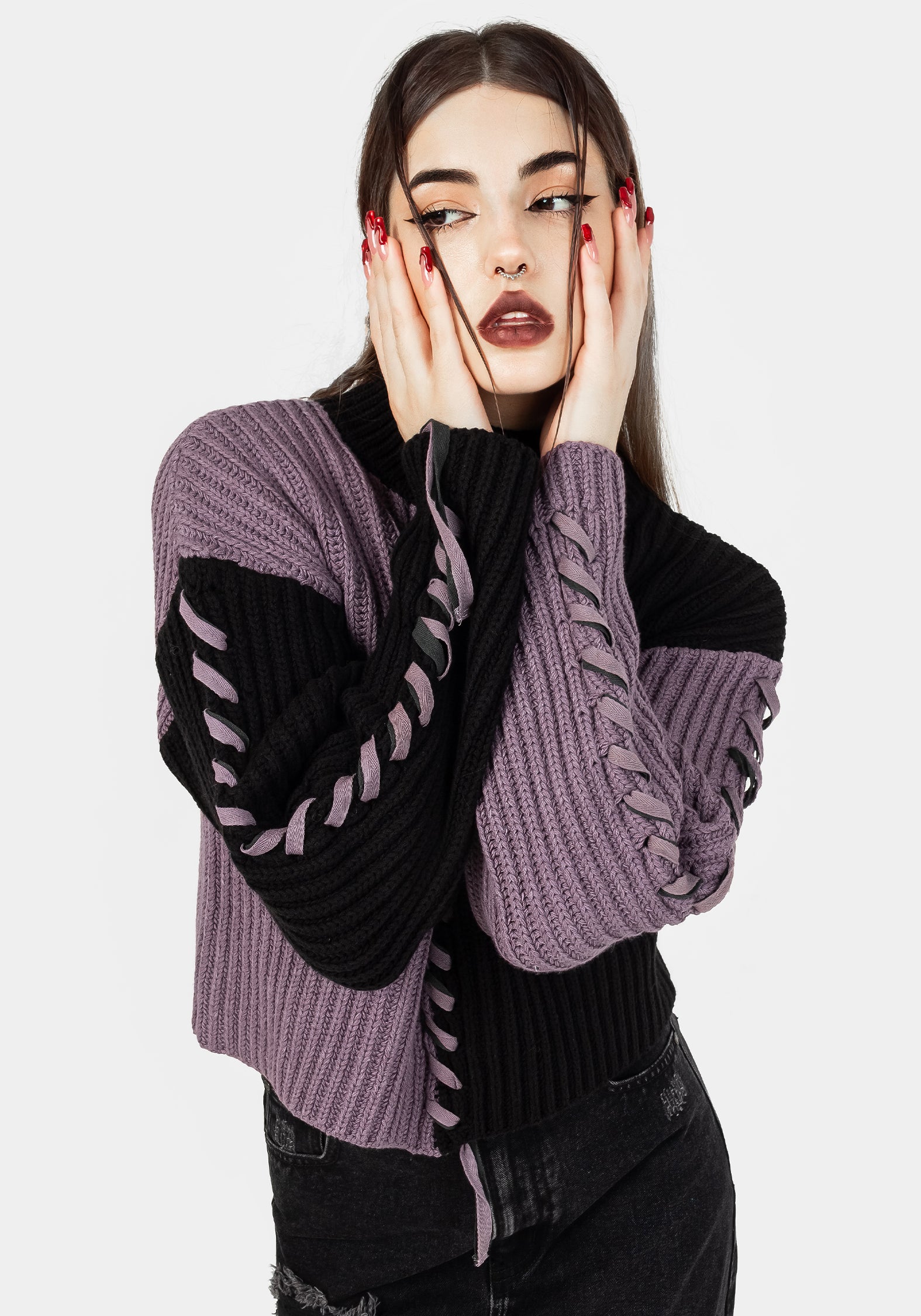 Black & Purple Spliced Knit Sweater | Relaxed Fit & Ribbed Neckline