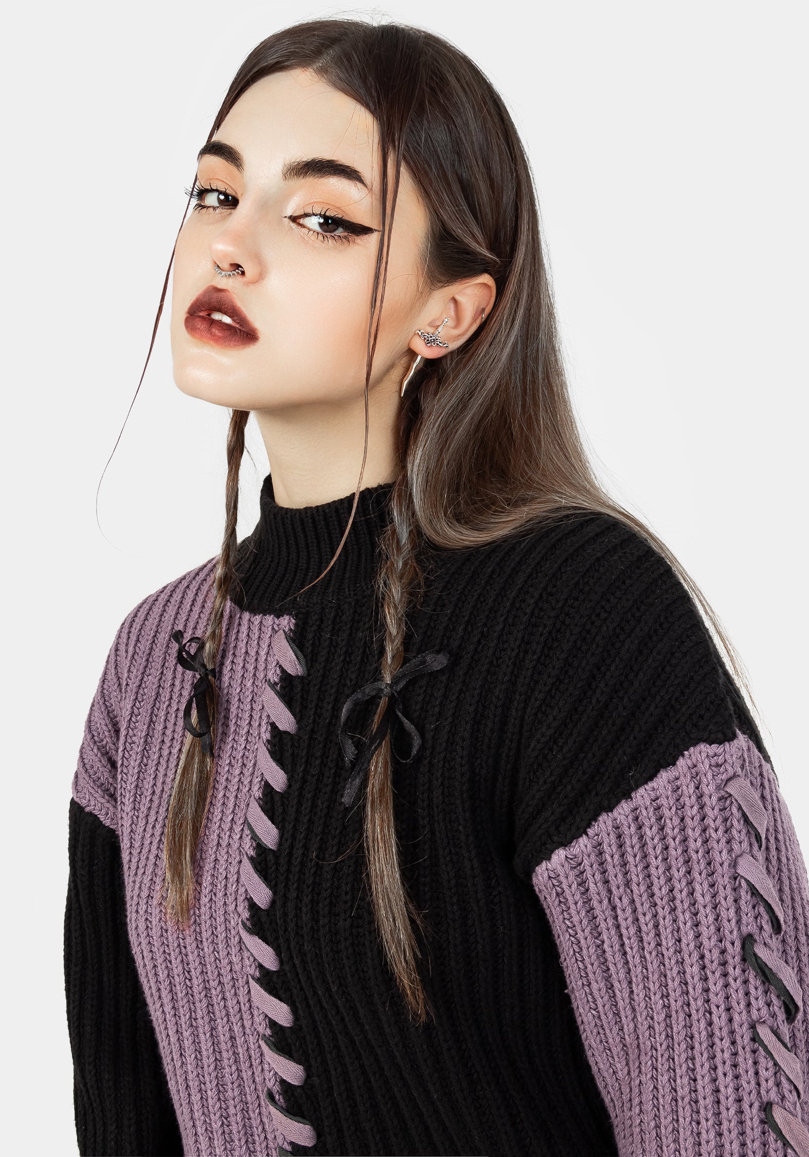Black & Purple Spliced Knit Sweater | Relaxed Fit & Ribbed Neckline
