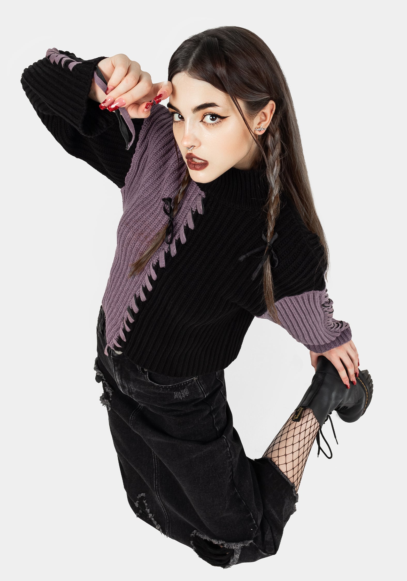Black & Purple Spliced Knit Sweater | Relaxed Fit & Ribbed Neckline