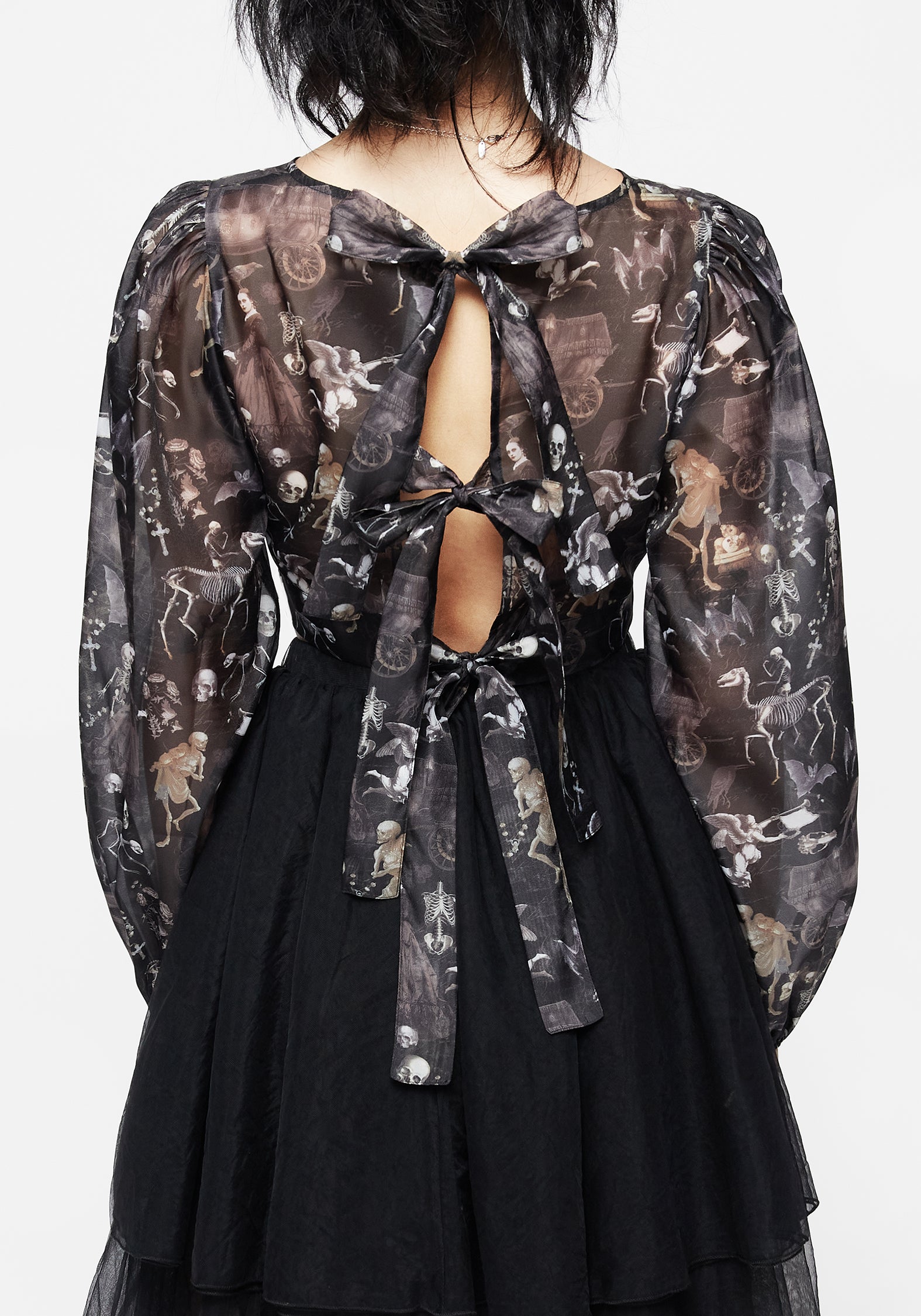 Gothic Victorian Print Organza Crop Top with Puff Sleeves | Melancholia
