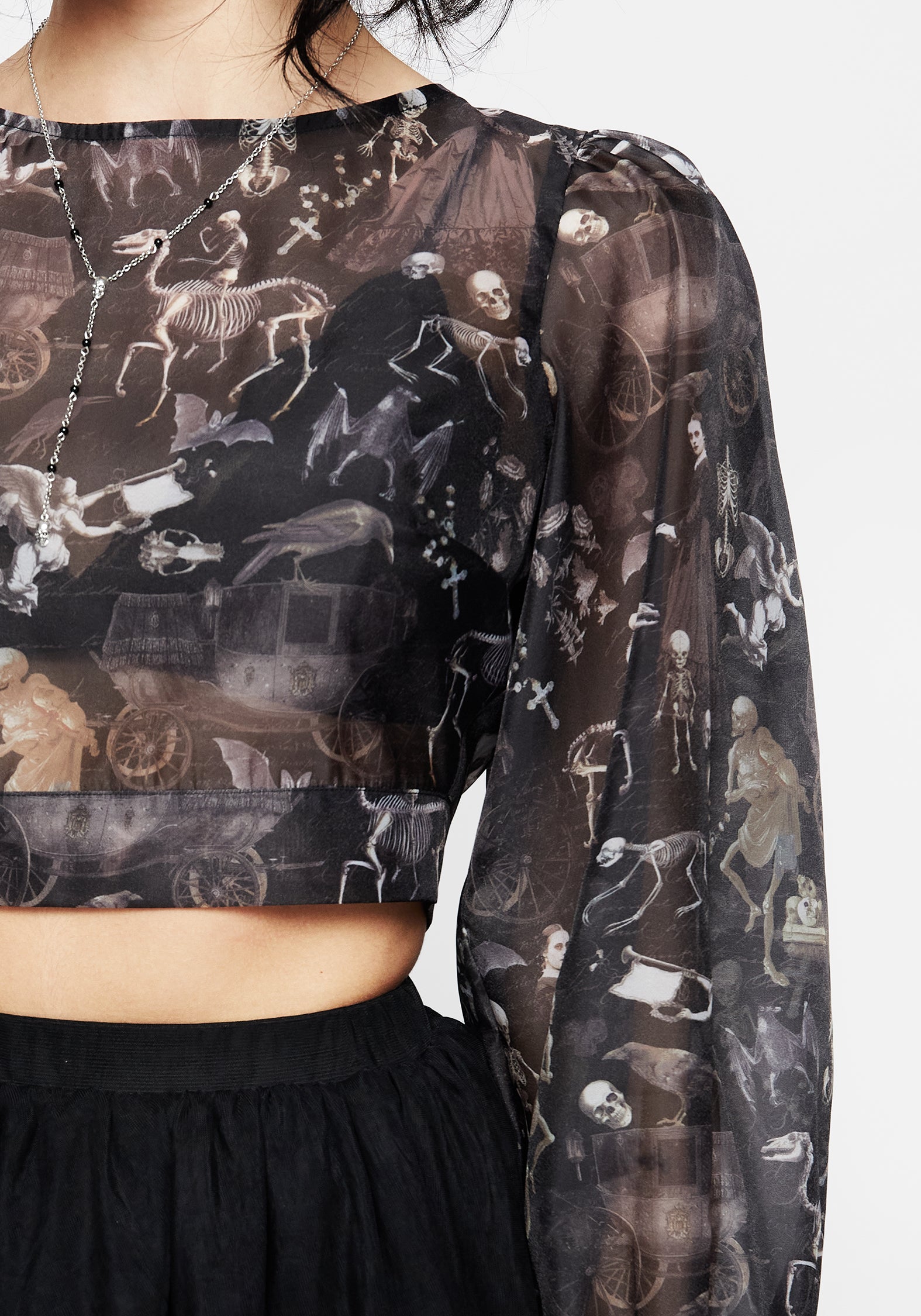 Gothic Victorian Print Organza Crop Top with Puff Sleeves | Melancholia