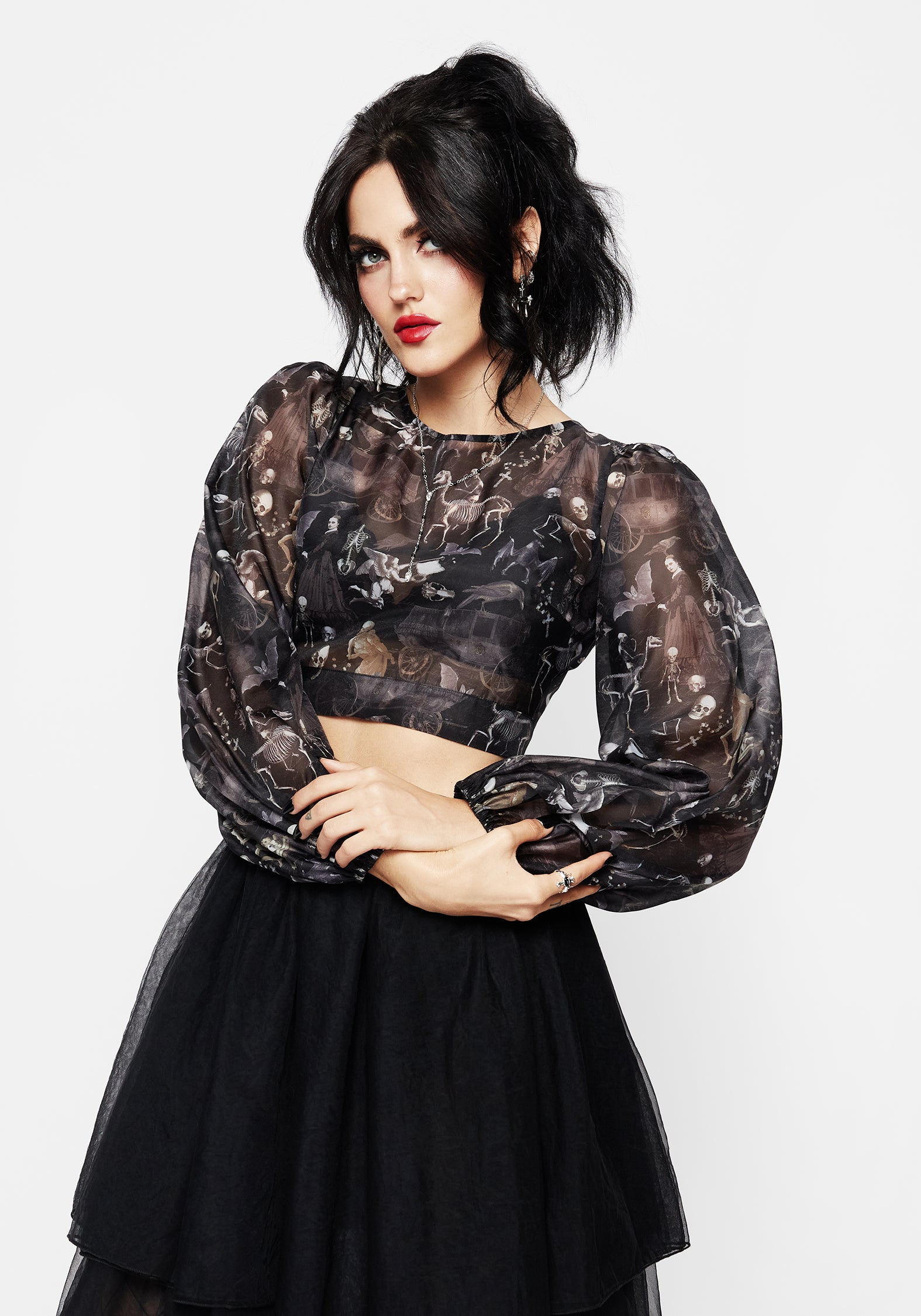 Gothic Victorian Print Organza Crop Top with Puff Sleeves | Melancholia