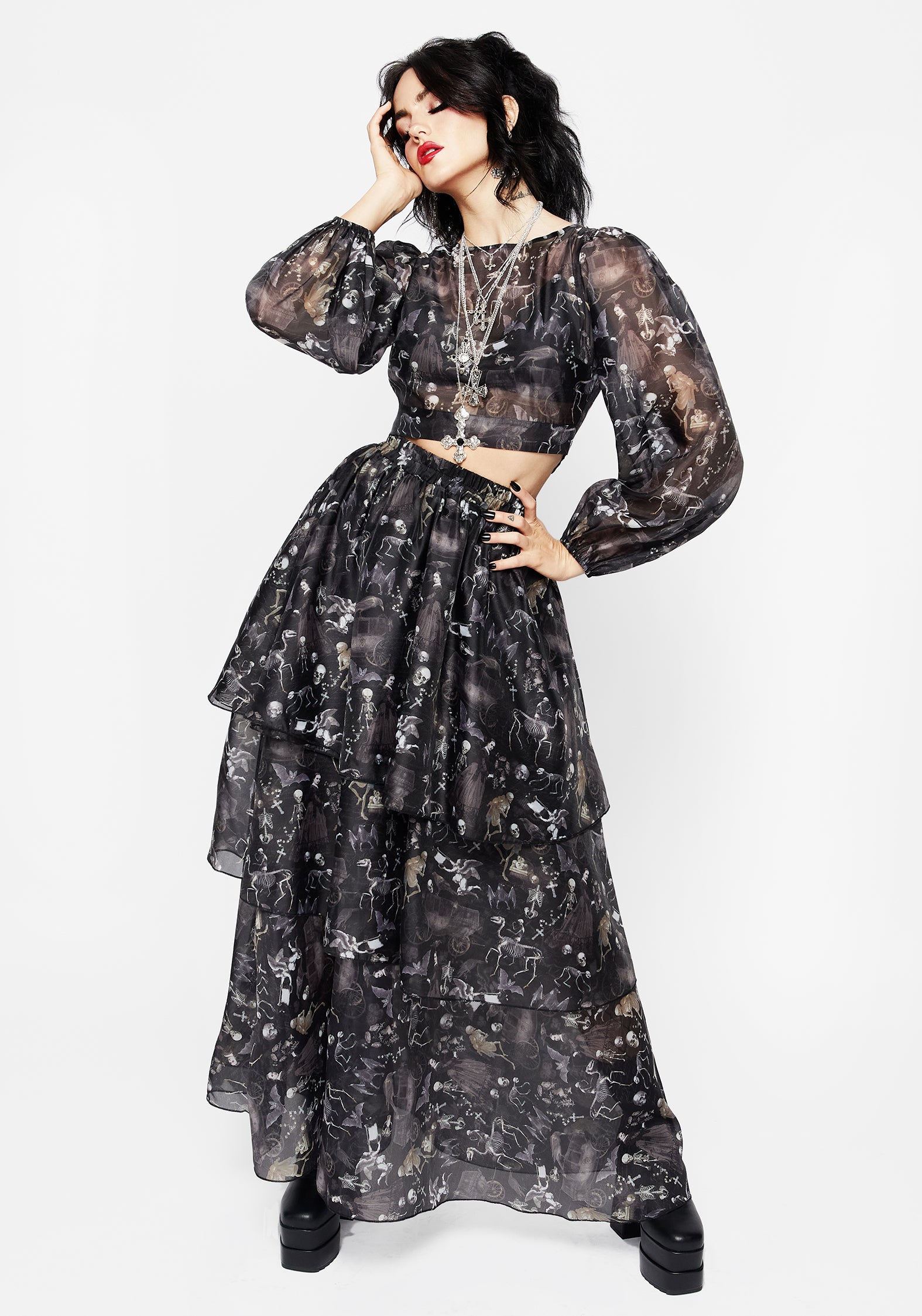 Gothic Victorian Print Organza Crop Top with Puff Sleeves | Melancholia