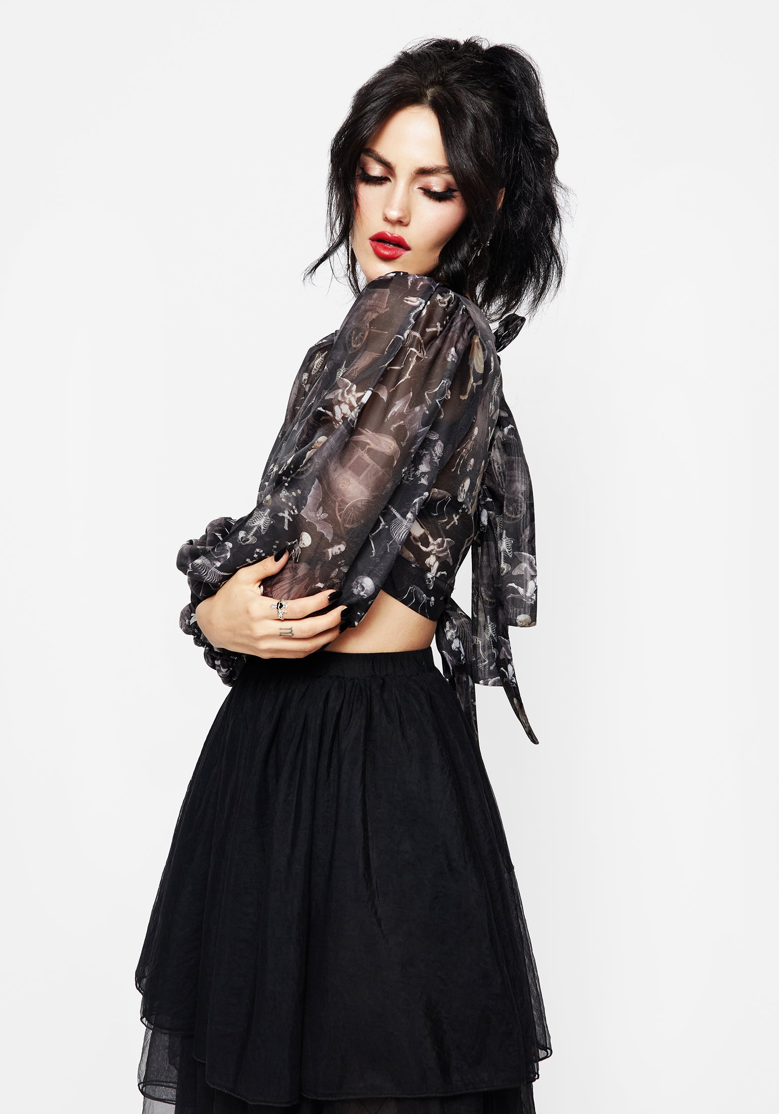 Gothic Victorian Print Organza Crop Top with Puff Sleeves | Melancholia