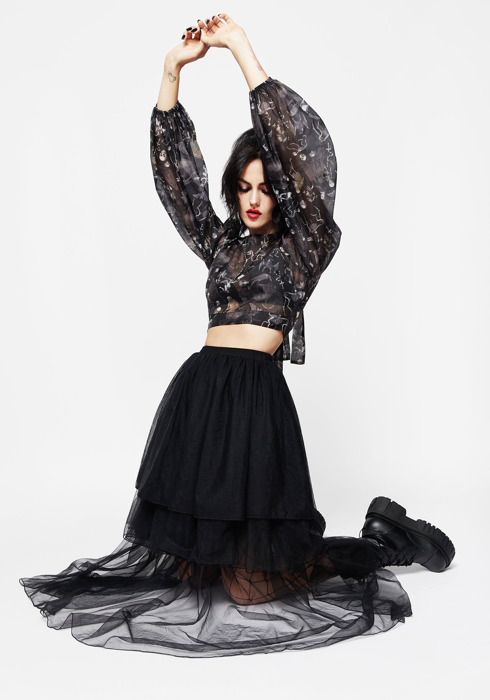Gothic Victorian Print Organza Crop Top with Puff Sleeves | Melancholia