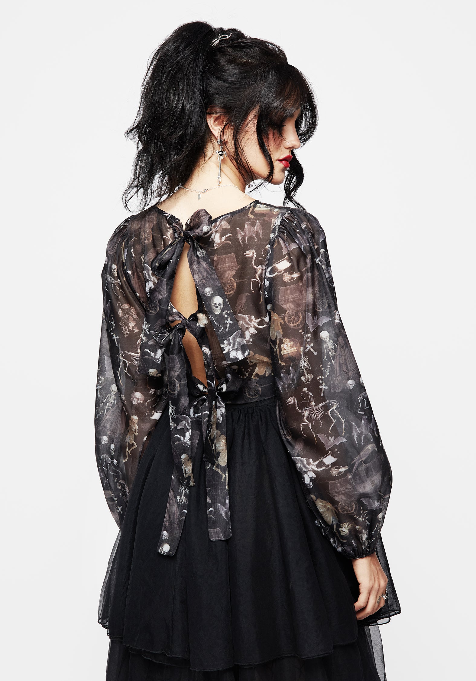 Gothic Victorian Print Organza Crop Top with Puff Sleeves | Melancholia