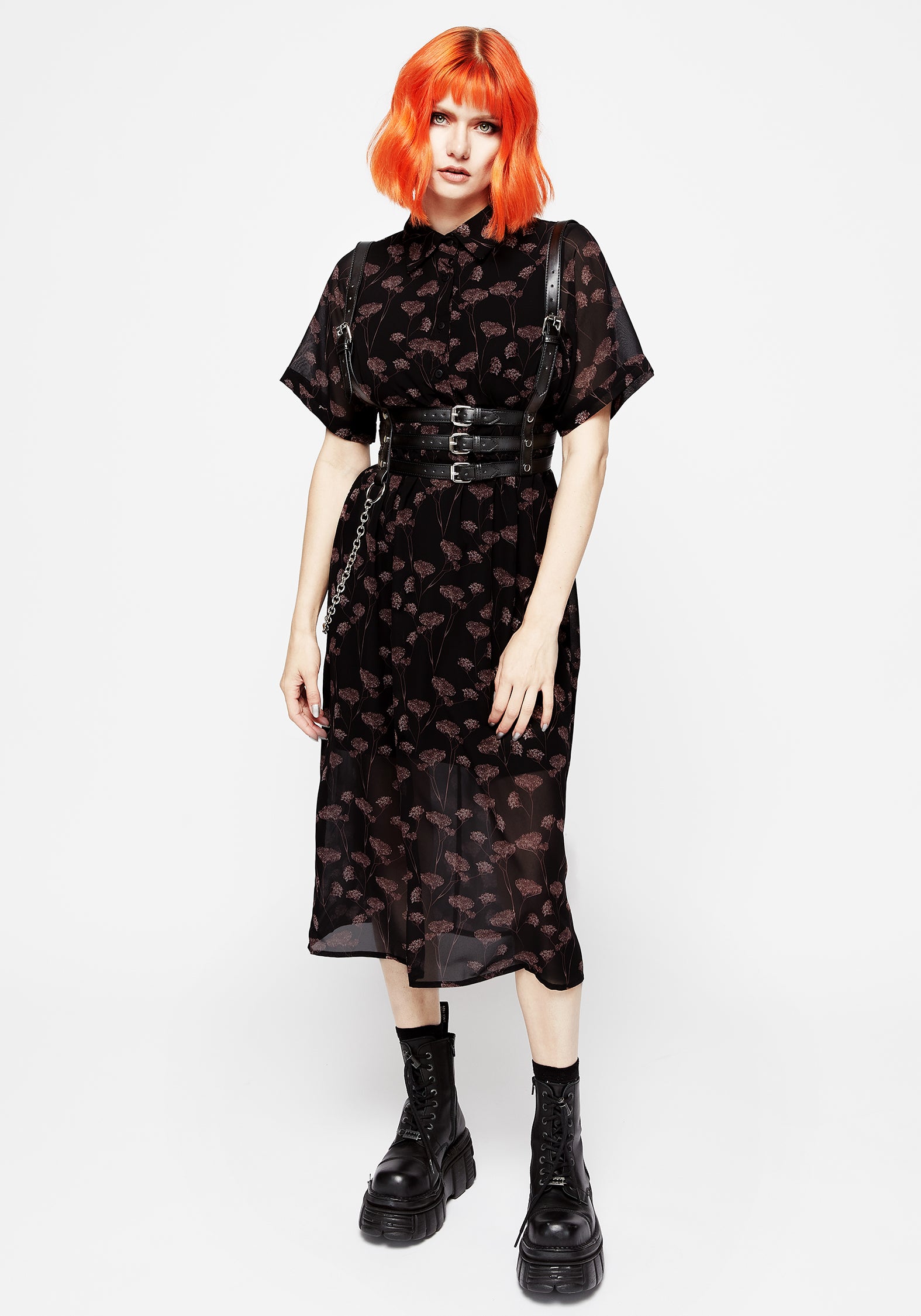 Floral Print Midi Shirt Dress with Elastic Waist | Judas