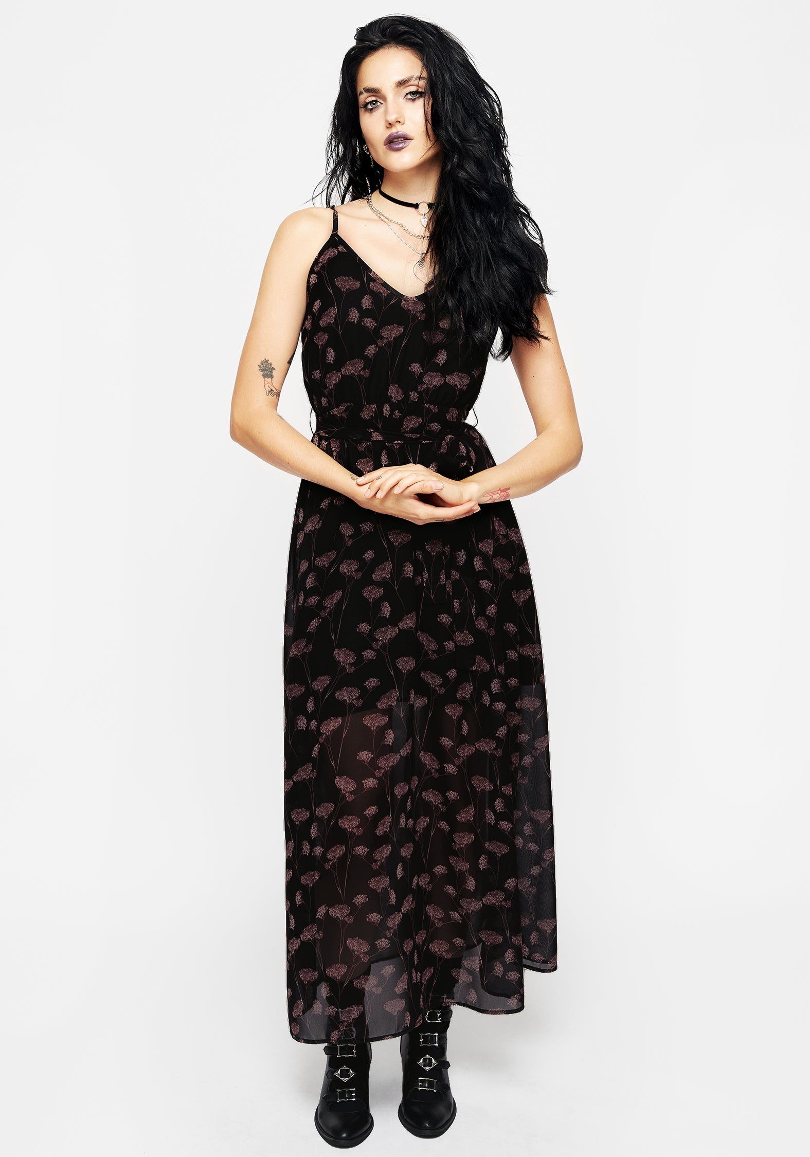 Floral Print Maxi Dress with Waist Tie & Adjustable Straps | Judas