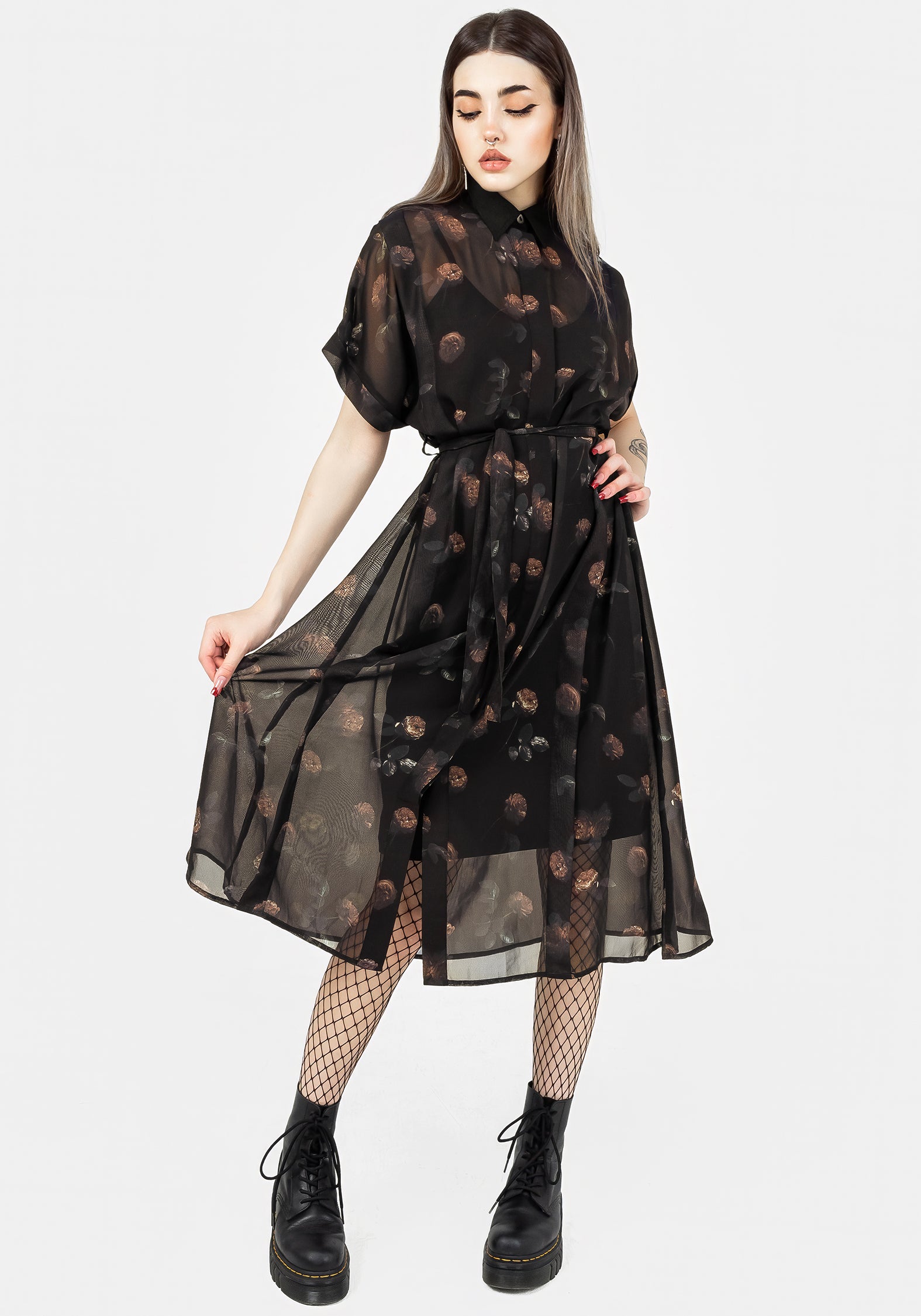 Black Floral Chiffon Midi Shirt Dress with Slip | Monica