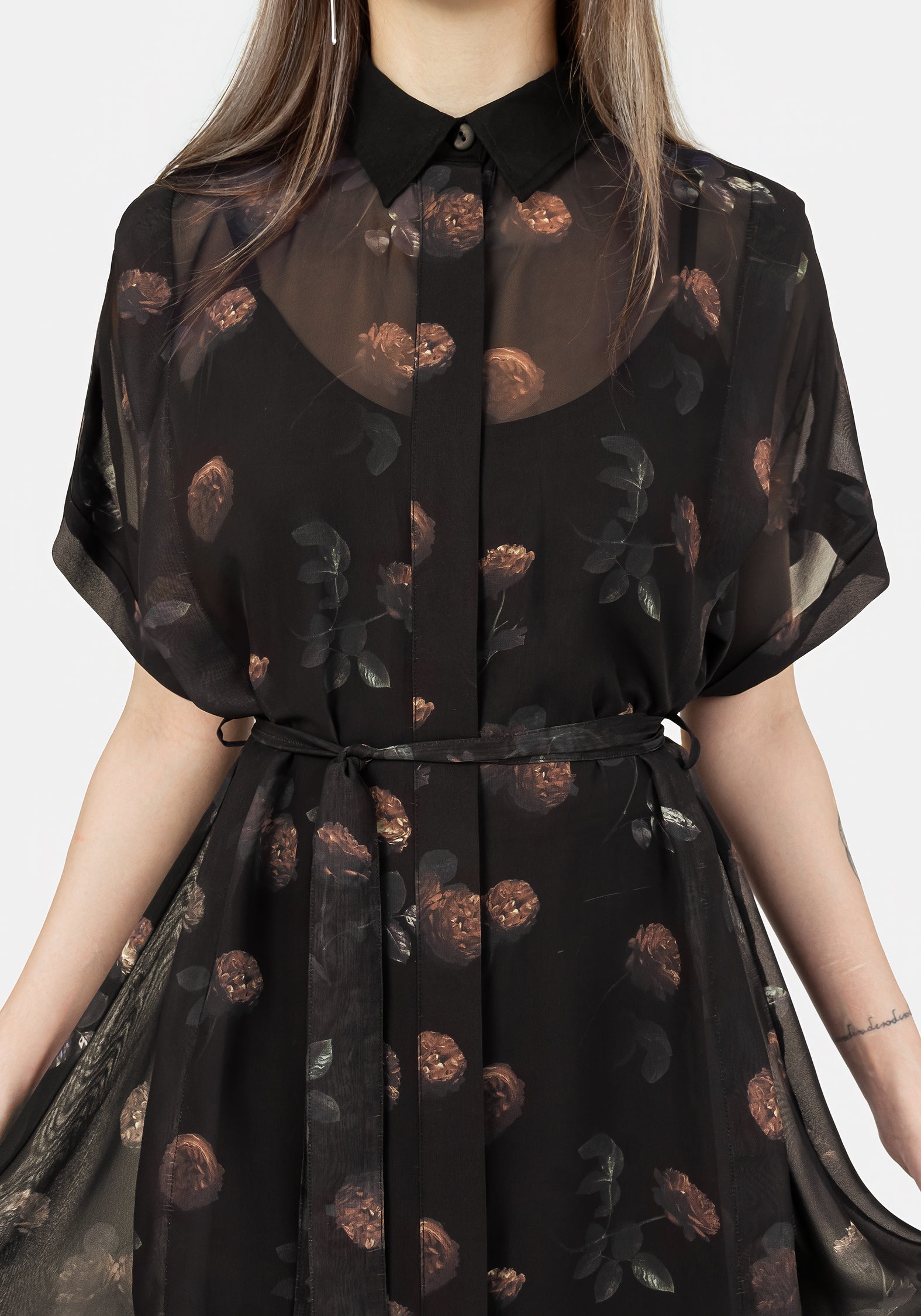 Black Floral Chiffon Midi Shirt Dress with Slip | Monica