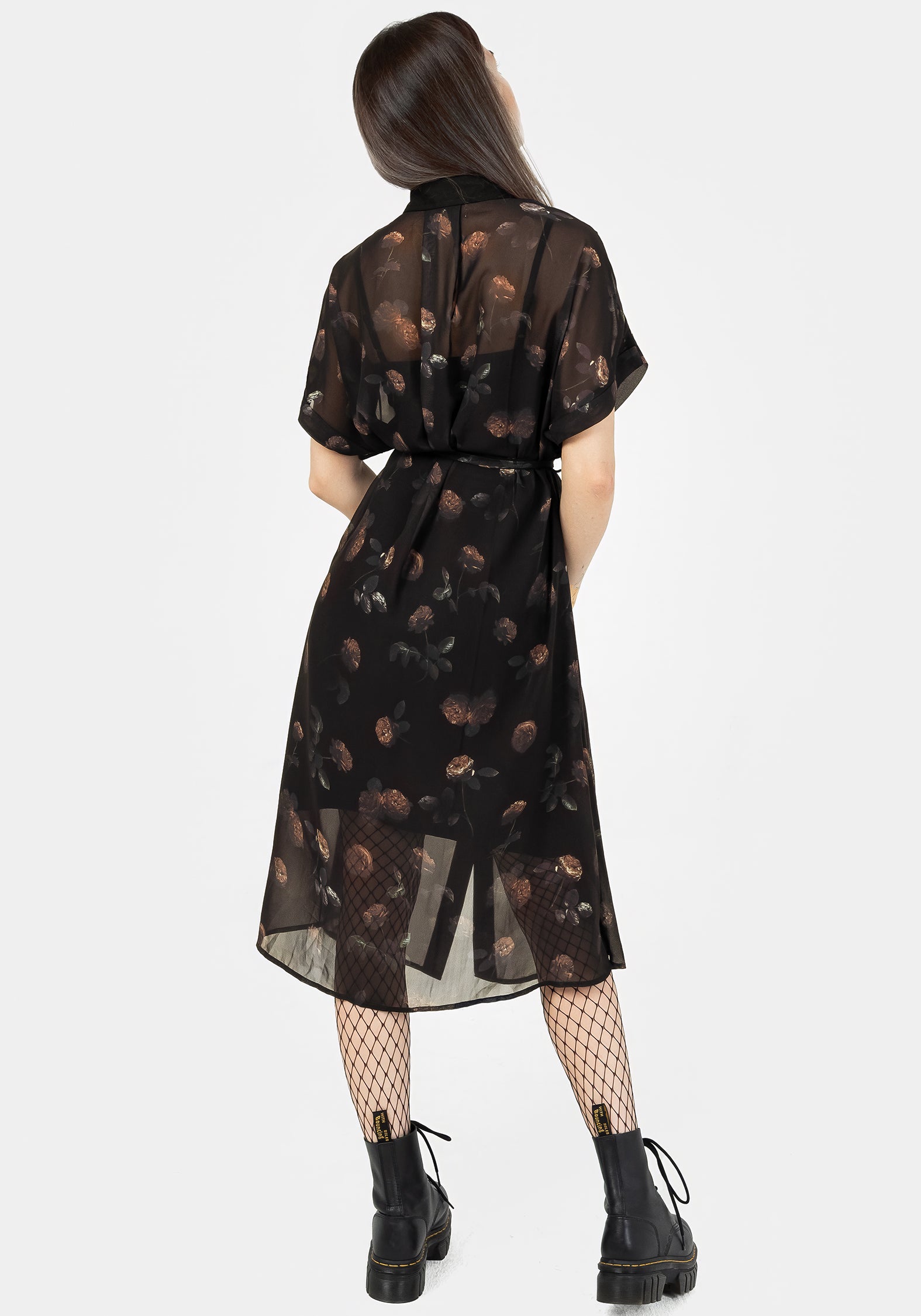 Black Floral Chiffon Midi Shirt Dress with Slip | Monica