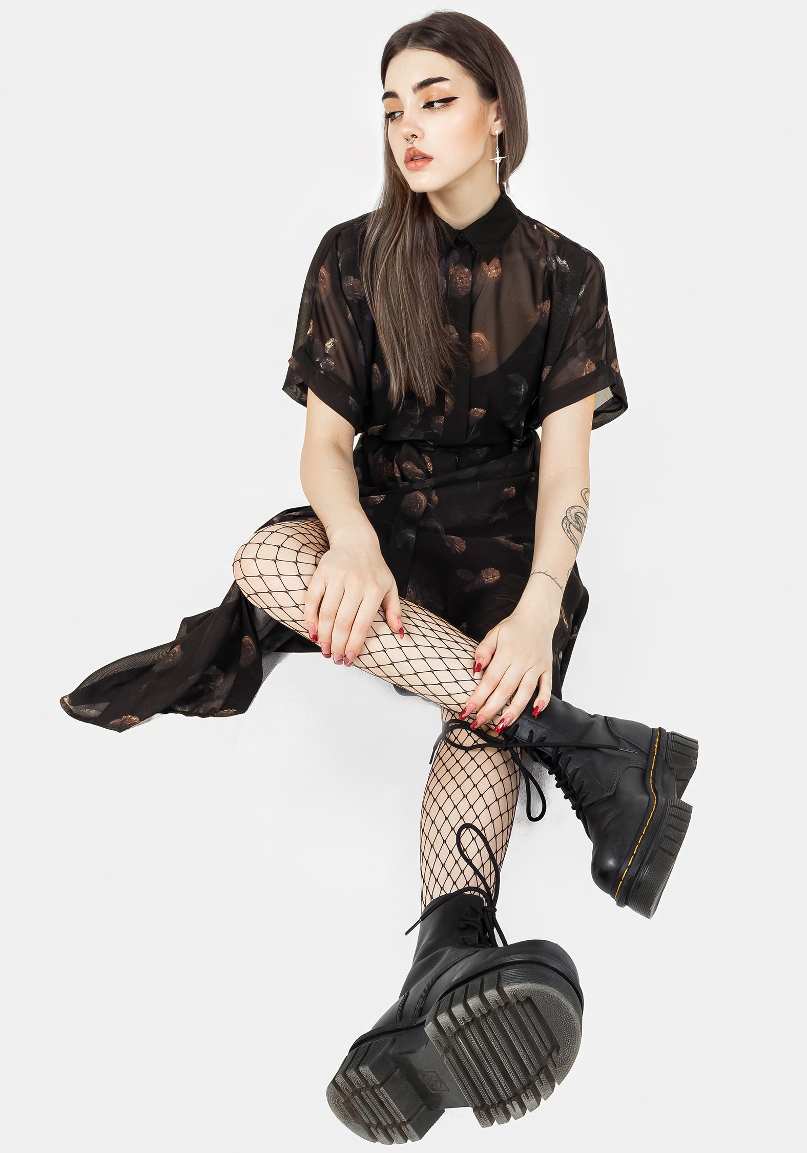 Black Floral Chiffon Midi Shirt Dress with Slip | Monica