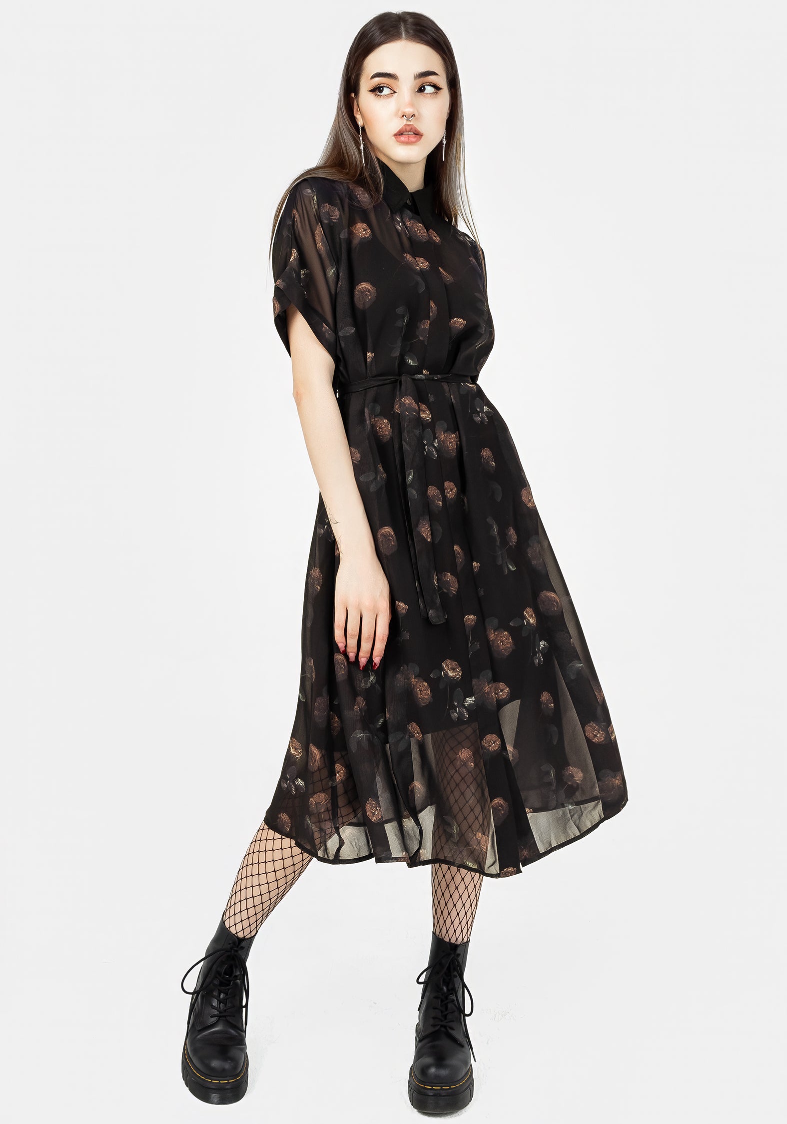 Black Floral Chiffon Midi Shirt Dress with Slip | Monica