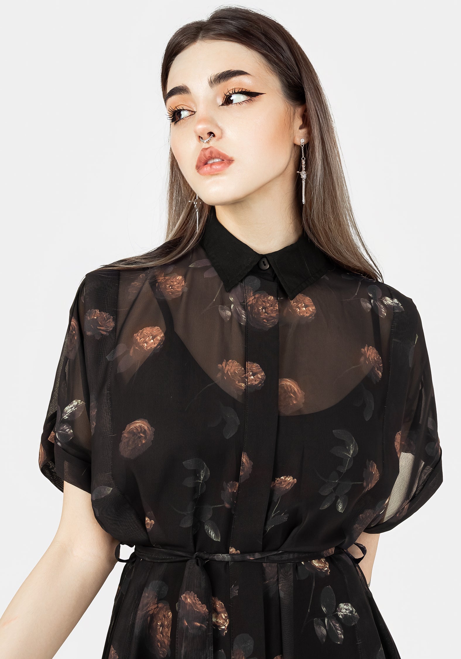 Black Floral Chiffon Midi Shirt Dress with Slip | Monica