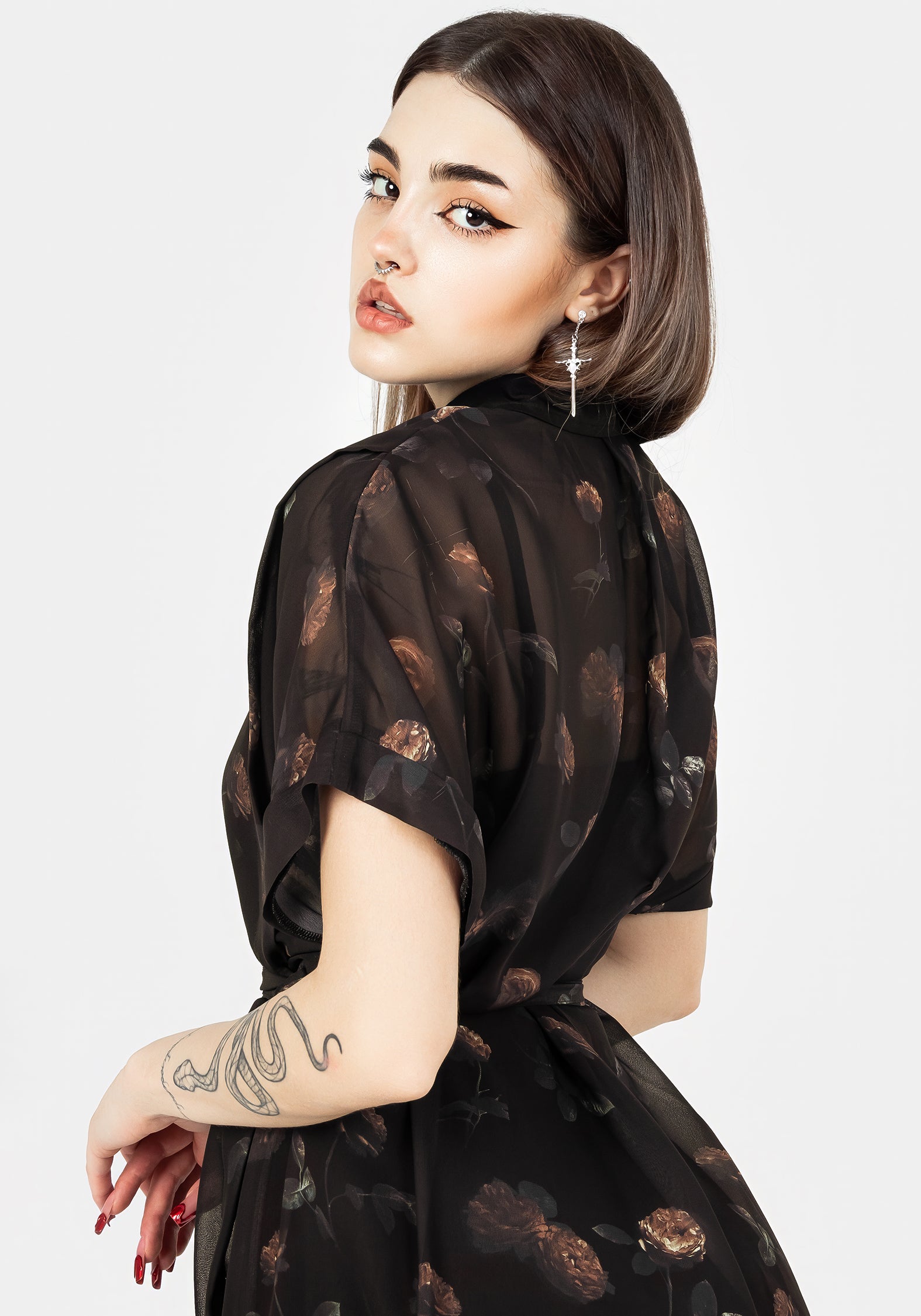 Black Floral Chiffon Midi Shirt Dress with Slip | Monica