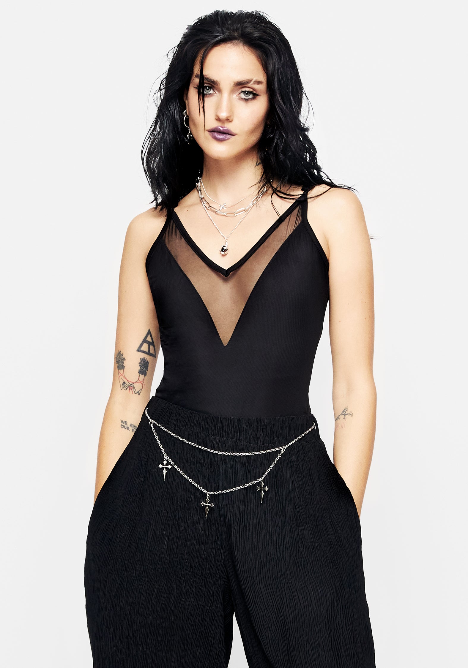 Black Mesh Bodysuit with Sheer Neckline & Adjustable Straps | Eclipse