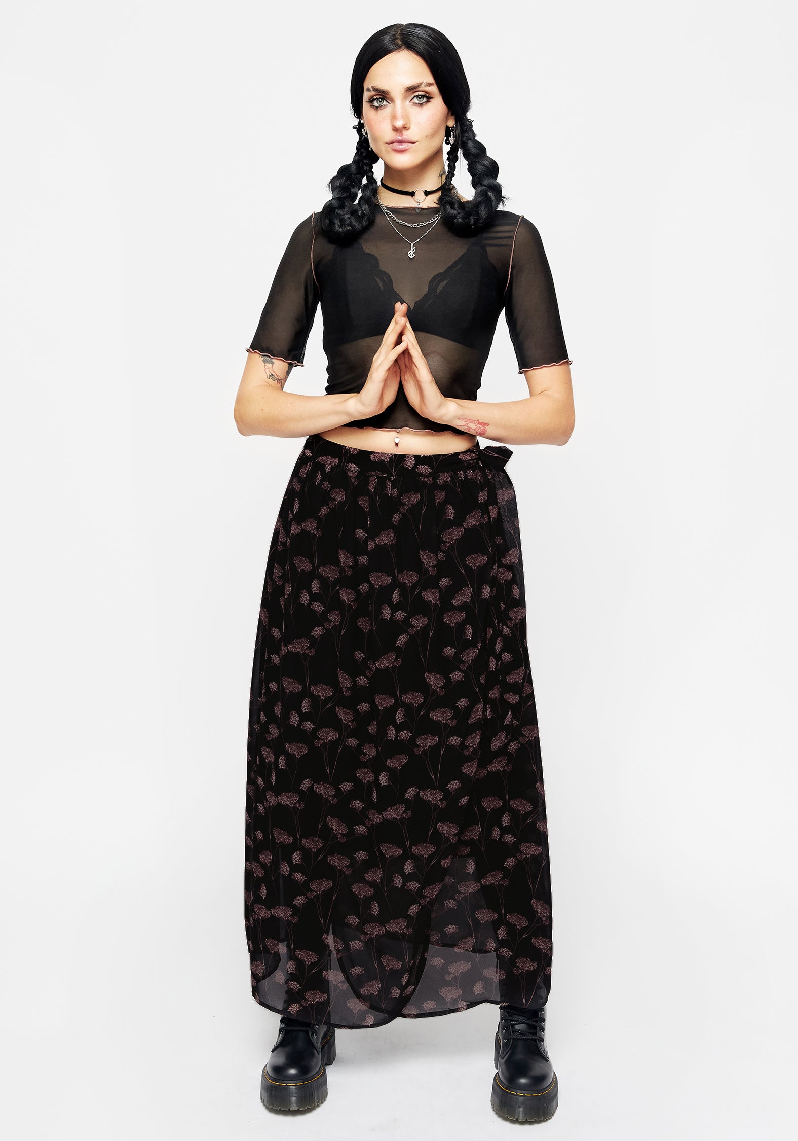 Black & Mauve Floral Wrap Skirt with Lining | Judas Midaxi