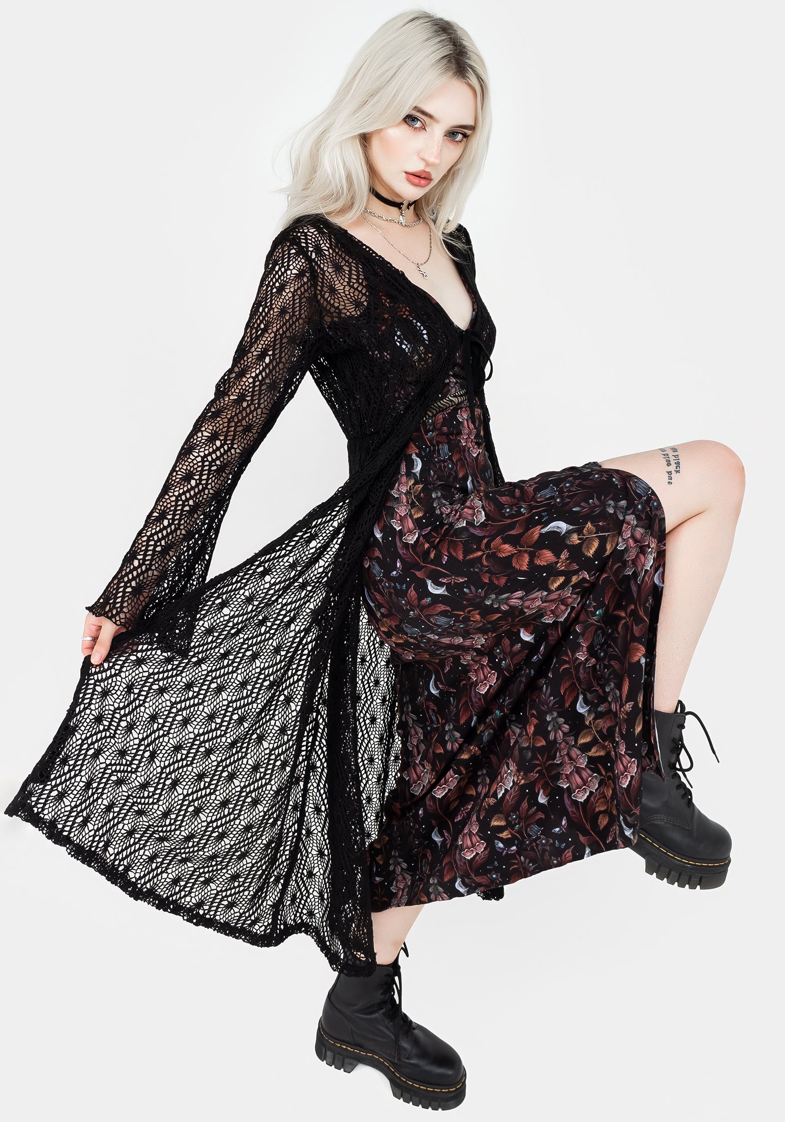 Long Crochet Cardigan with Fluted Cuffs & Tie Front | Penelope