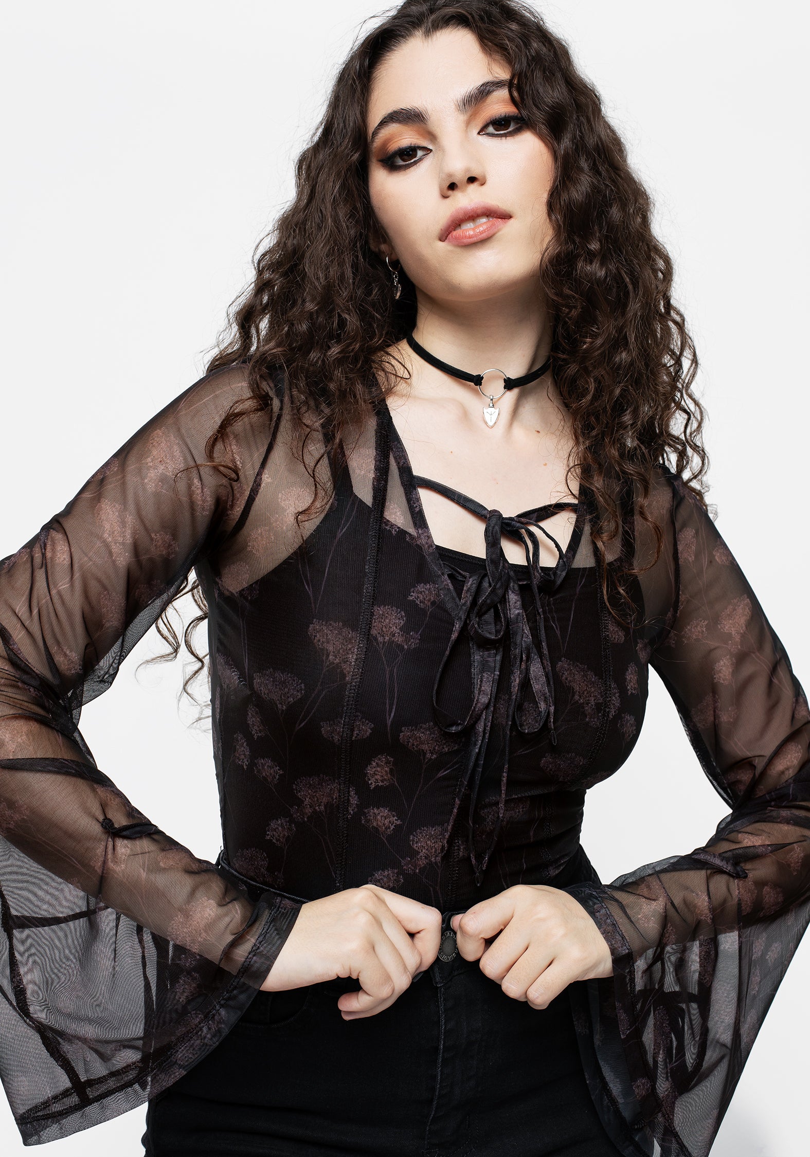 Floral Mesh Crop Top with V-Neck & Tied Sleeves | Judas