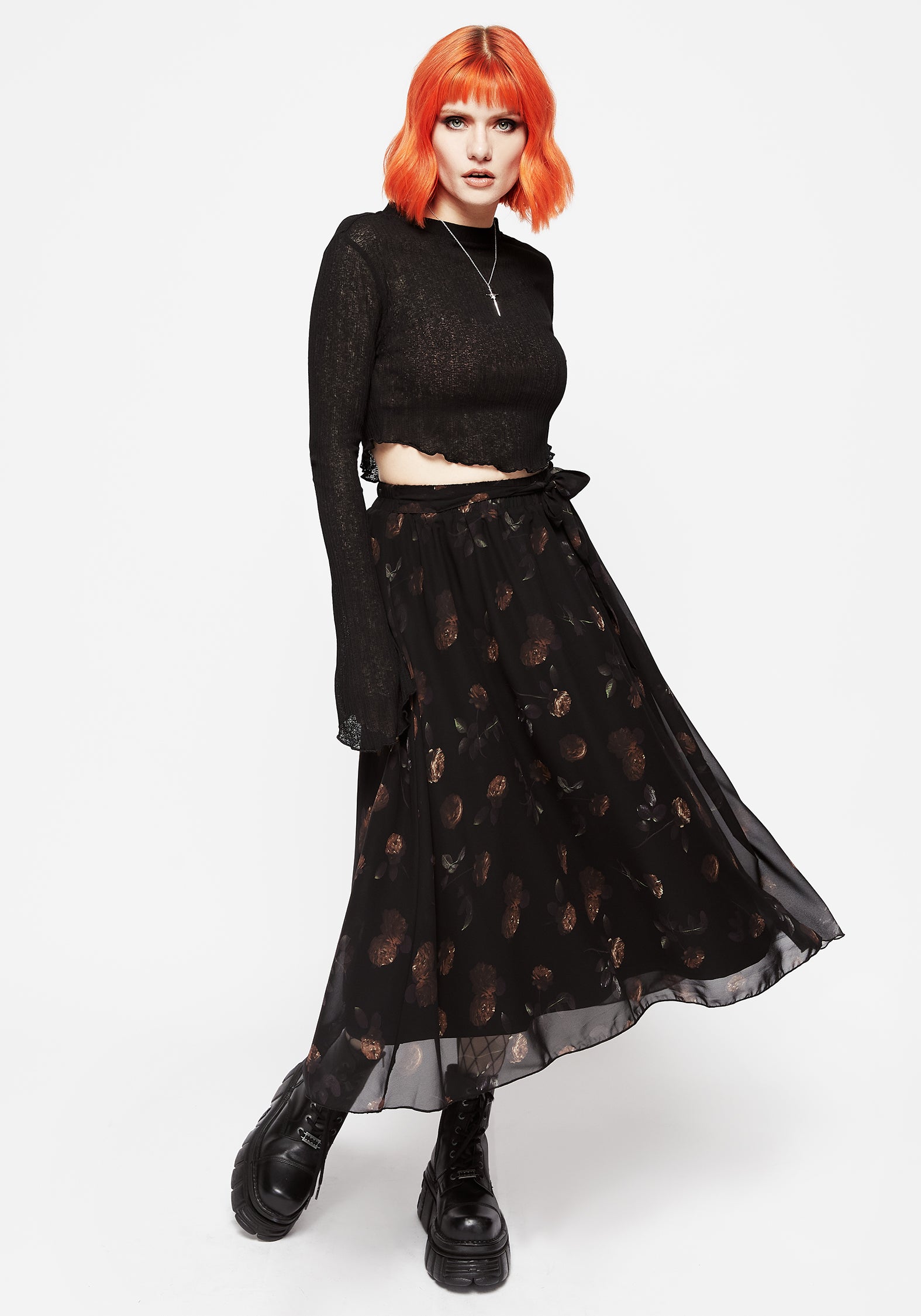 Black Floral Chiffon Midi Skirt with Elastic Waist | Monica