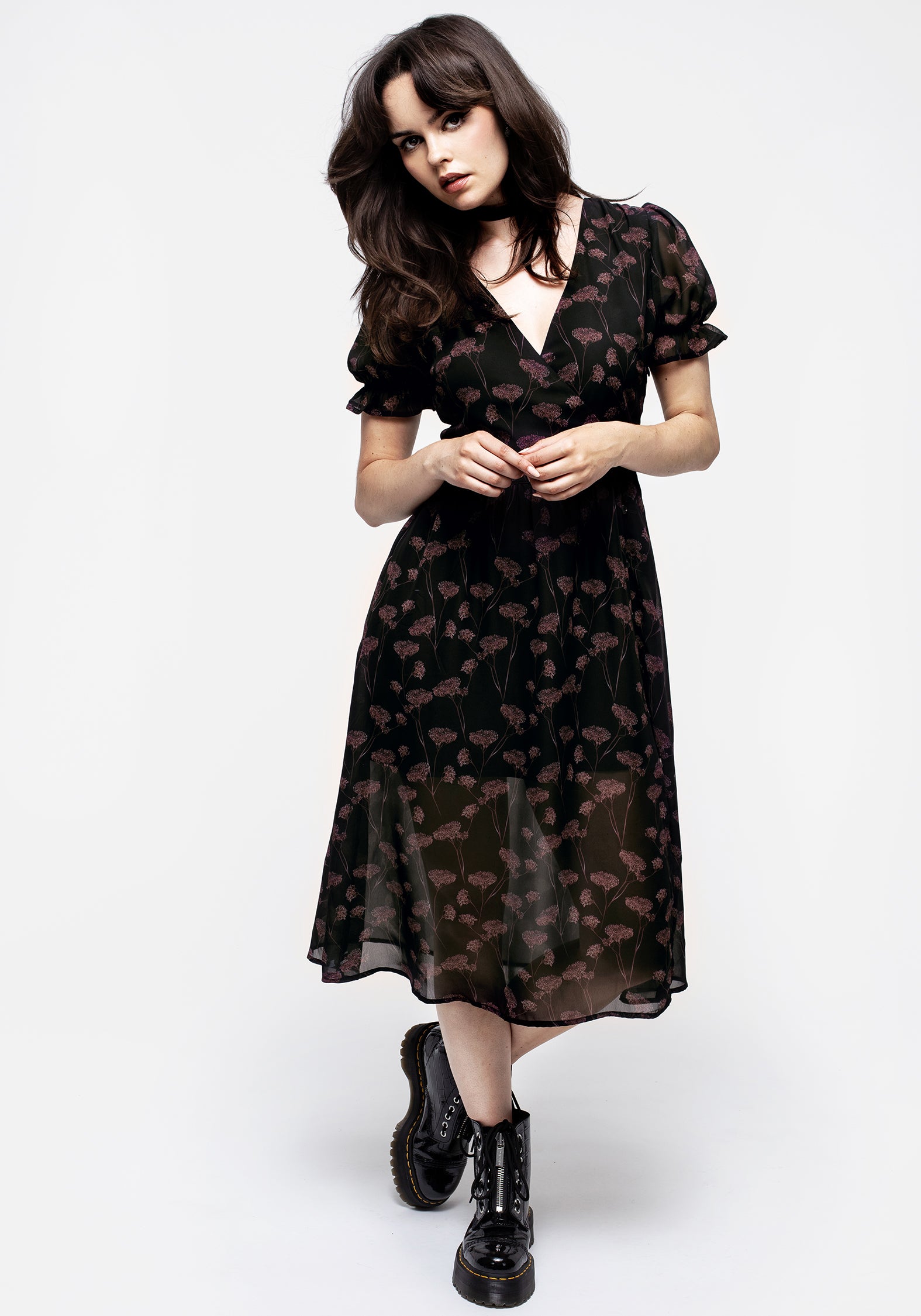 Floral Print V-Neck Midi Dress with Puff Sleeves | Judas
