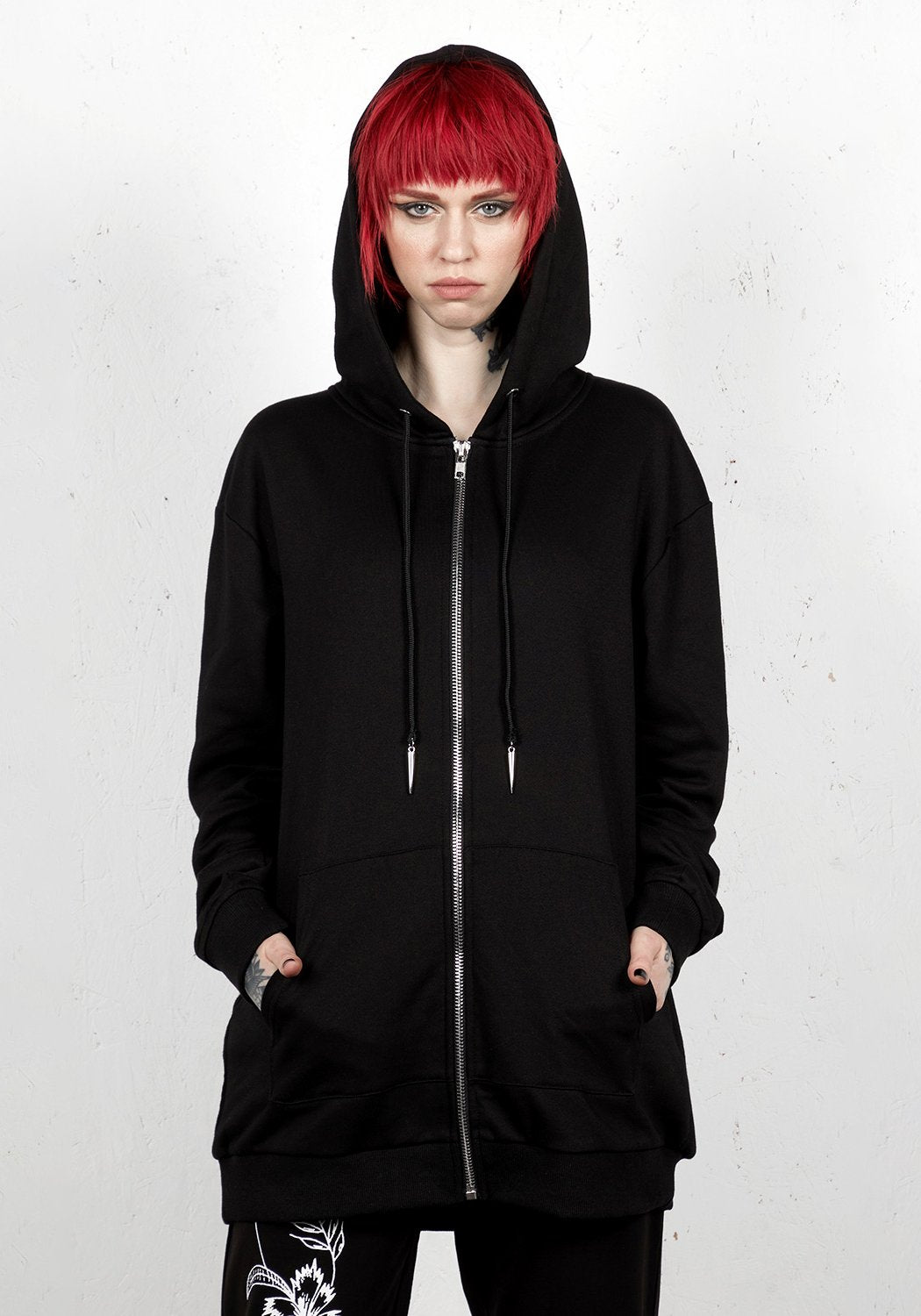 Black Zip-Up Hoody with Spike Cord Ends & Kangaroo Pocket | Abyss