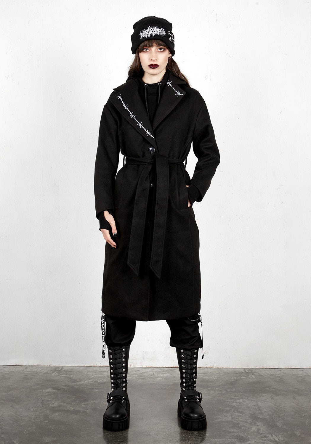 Longline Belted Coat with Lapel Embroideries & Hip Pockets | Barb