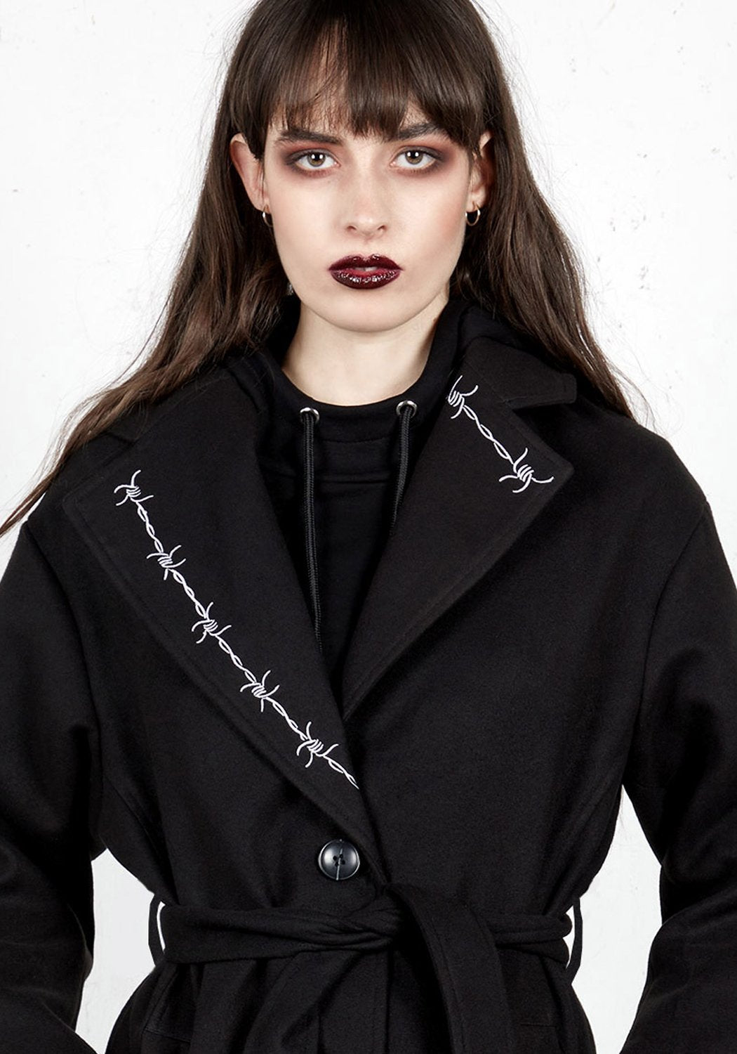 Longline Belted Coat with Lapel Embroideries & Hip Pockets | Barb