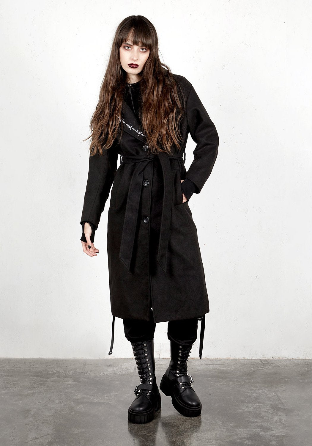 Longline Belted Coat with Lapel Embroideries & Hip Pockets | Barb