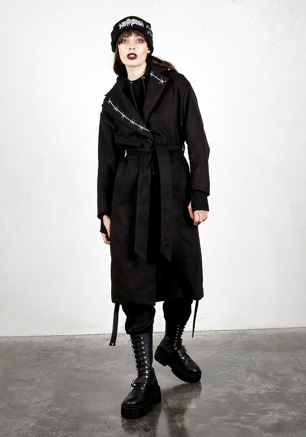 Longline Belted Coat with Lapel Embroideries & Hip Pockets | Barb