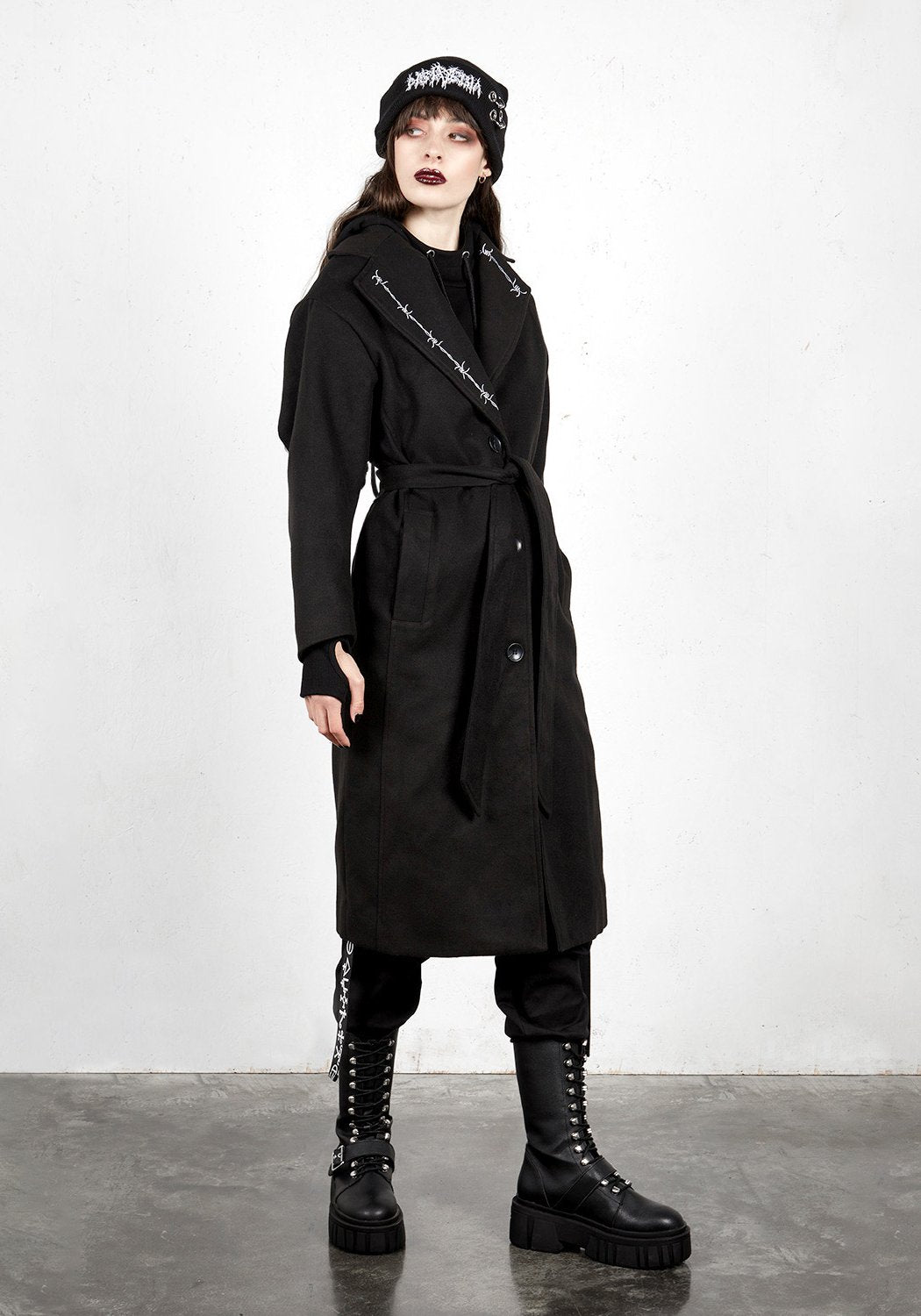 Longline Belted Coat with Lapel Embroideries & Hip Pockets | Barb