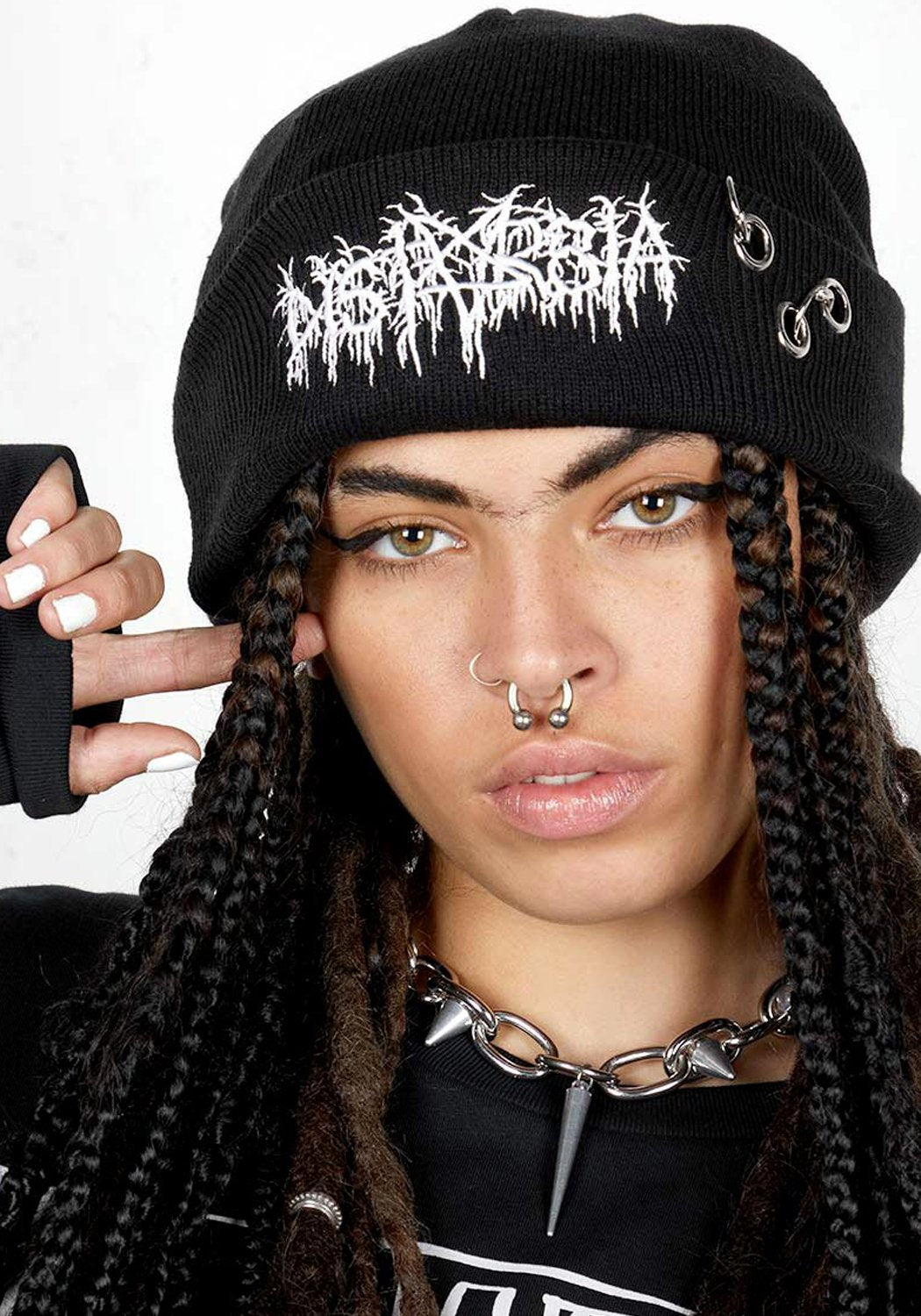 Ribbed Black Beanie with Metal Piercings & Embroidered Design | Chaos