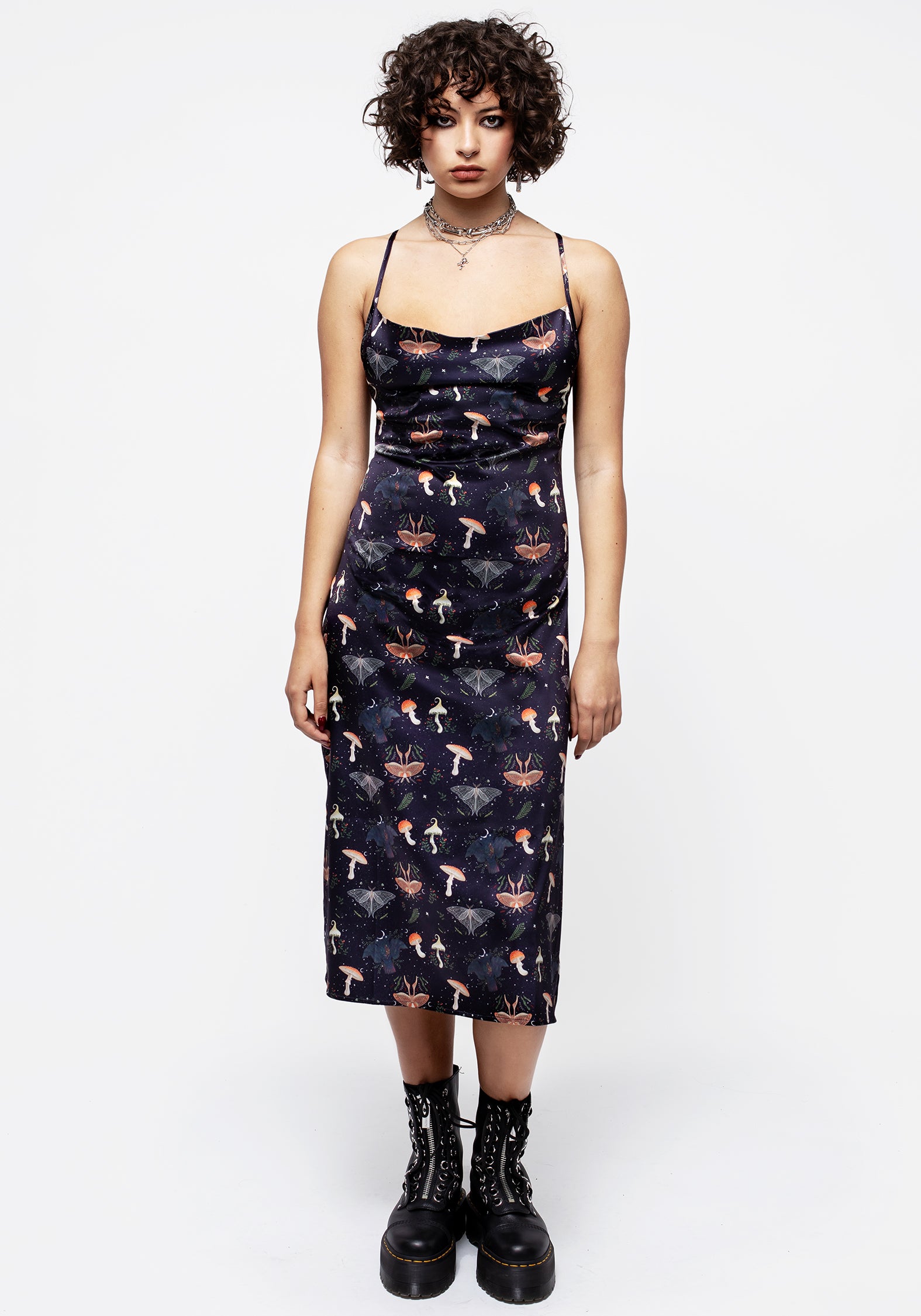 Moth & Moon Print Satin Slip Dress with Cowl Neck | Medeina