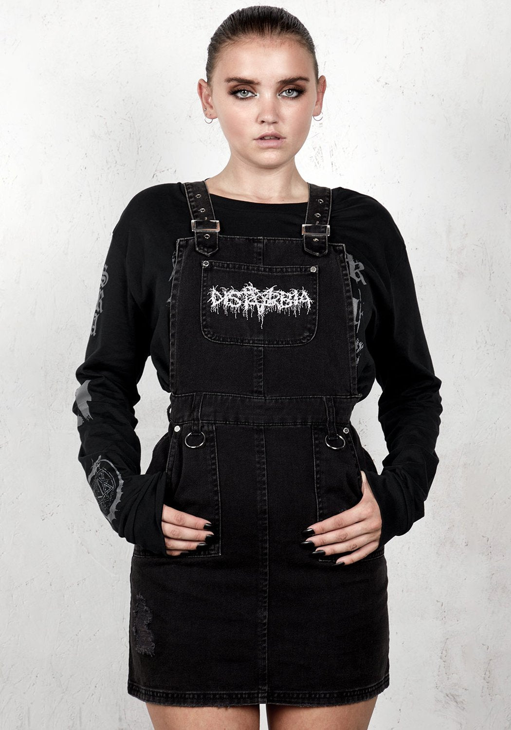 Distressed Denim Pinafore Dress with Embroideries & Pockets | Adjustable Straps
