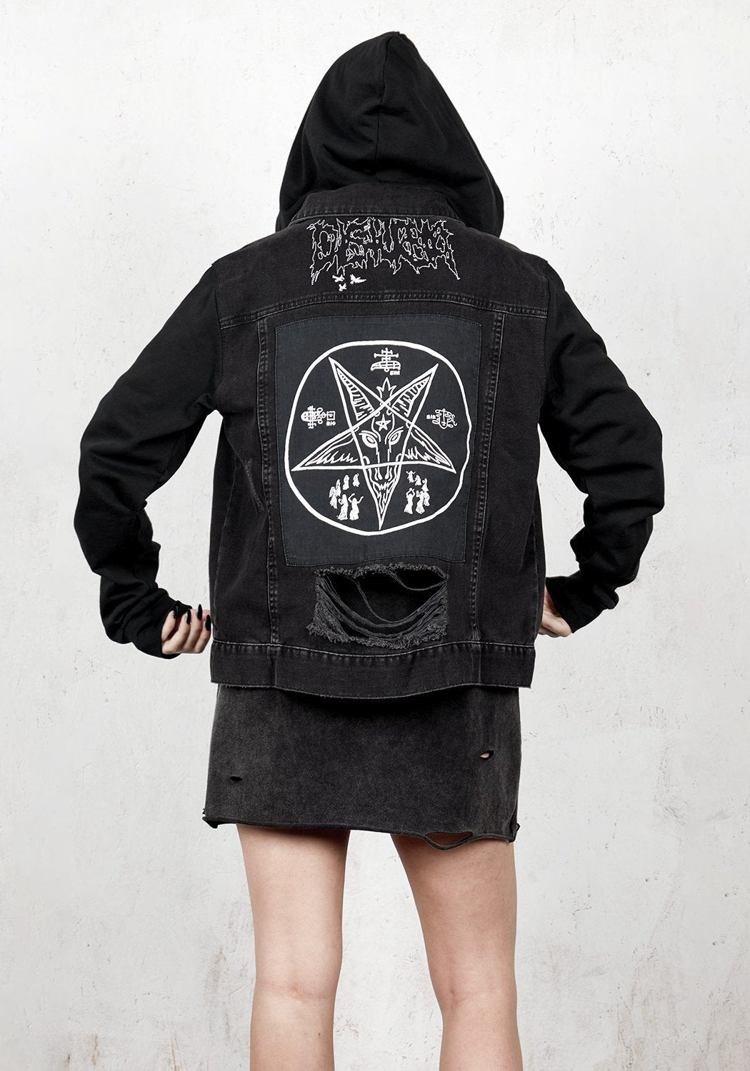 Distressed Denim Hooded Jacket with Graphic Patch | Unisex Fit