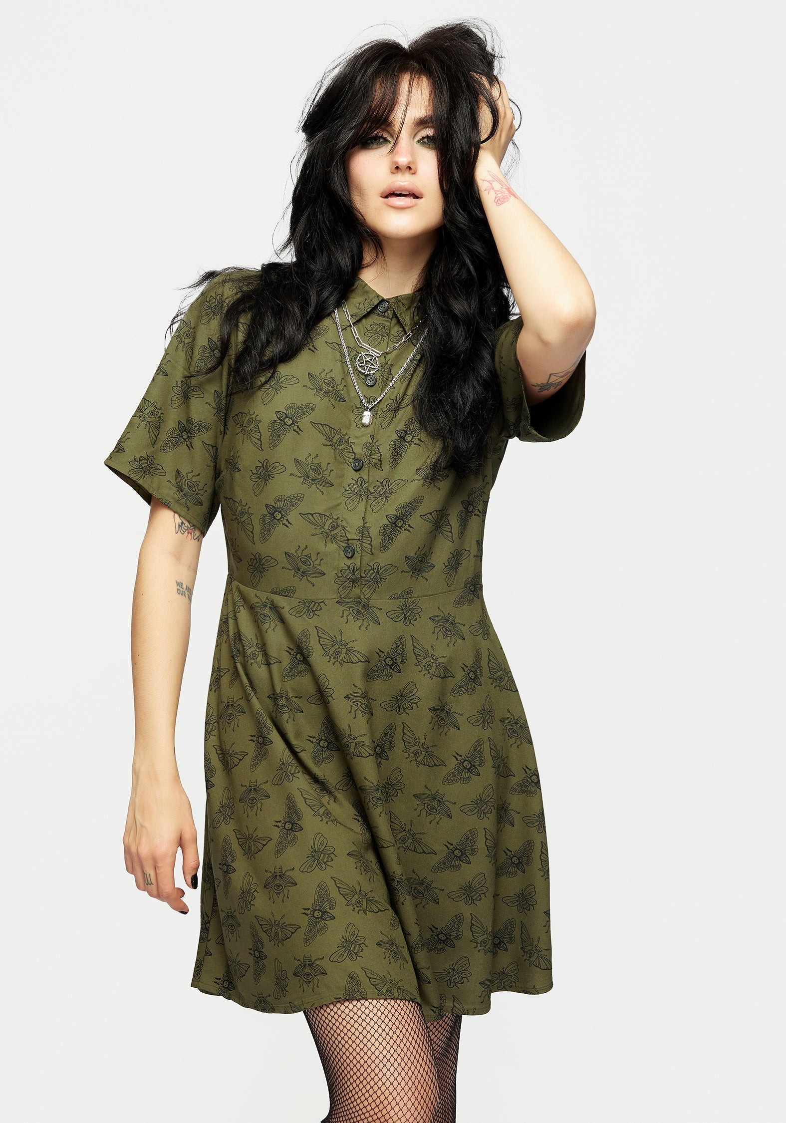 Green Moth Print Mini Shirt Dress | Slim Fit & Boxy Sleeves | Mortmoth