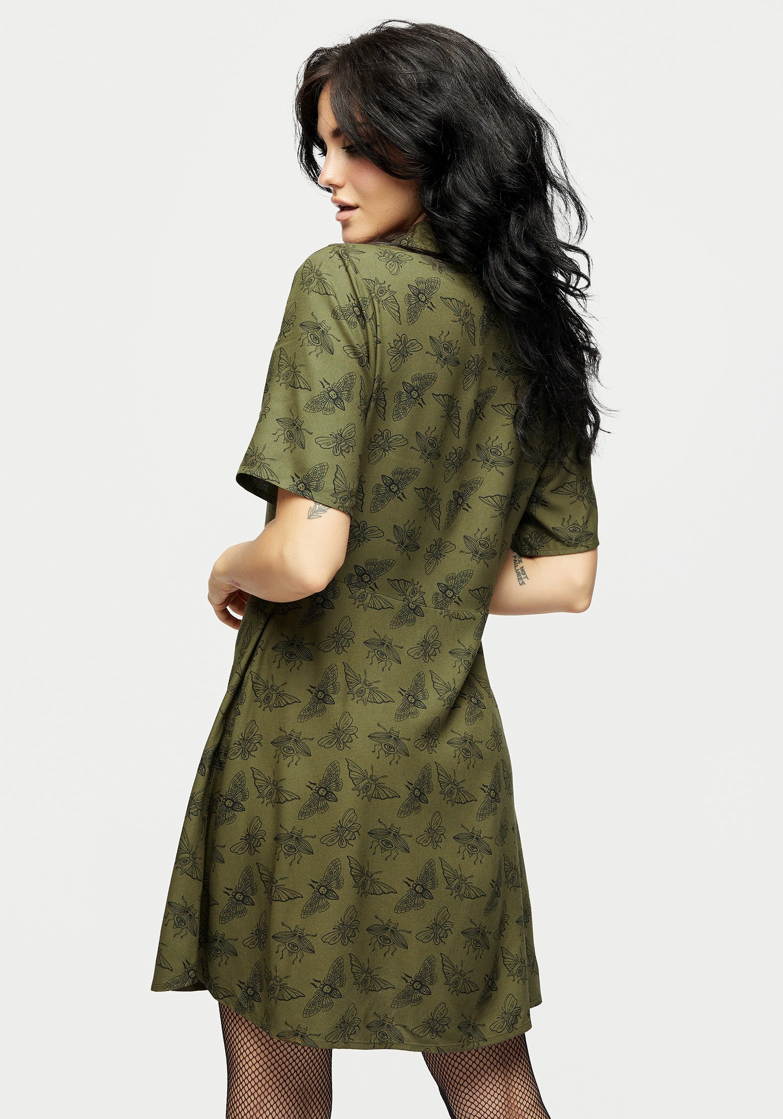 Green Moth Print Mini Shirt Dress | Slim Fit & Boxy Sleeves | Mortmoth