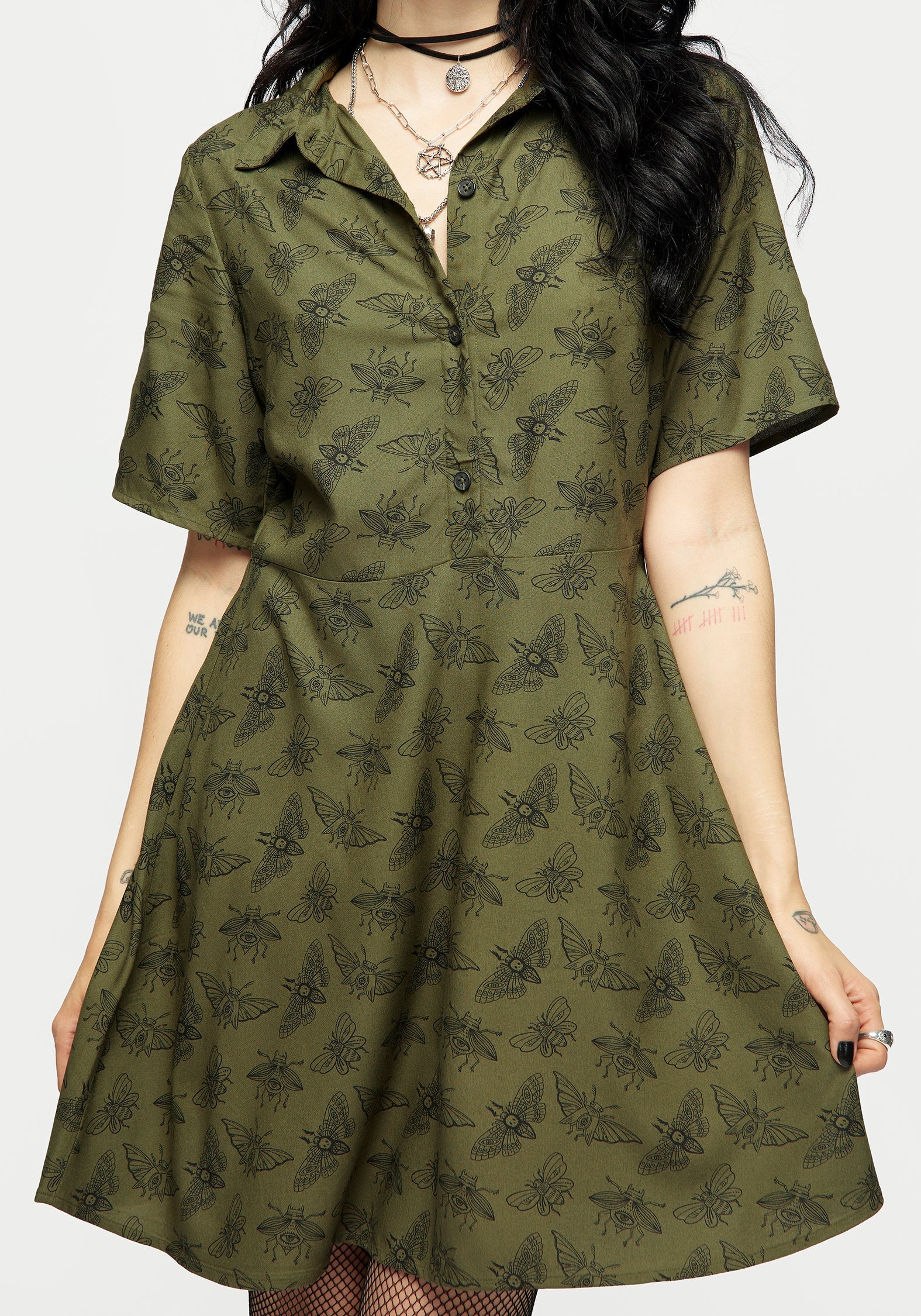 Green Moth Print Mini Shirt Dress | Slim Fit & Boxy Sleeves | Mortmoth