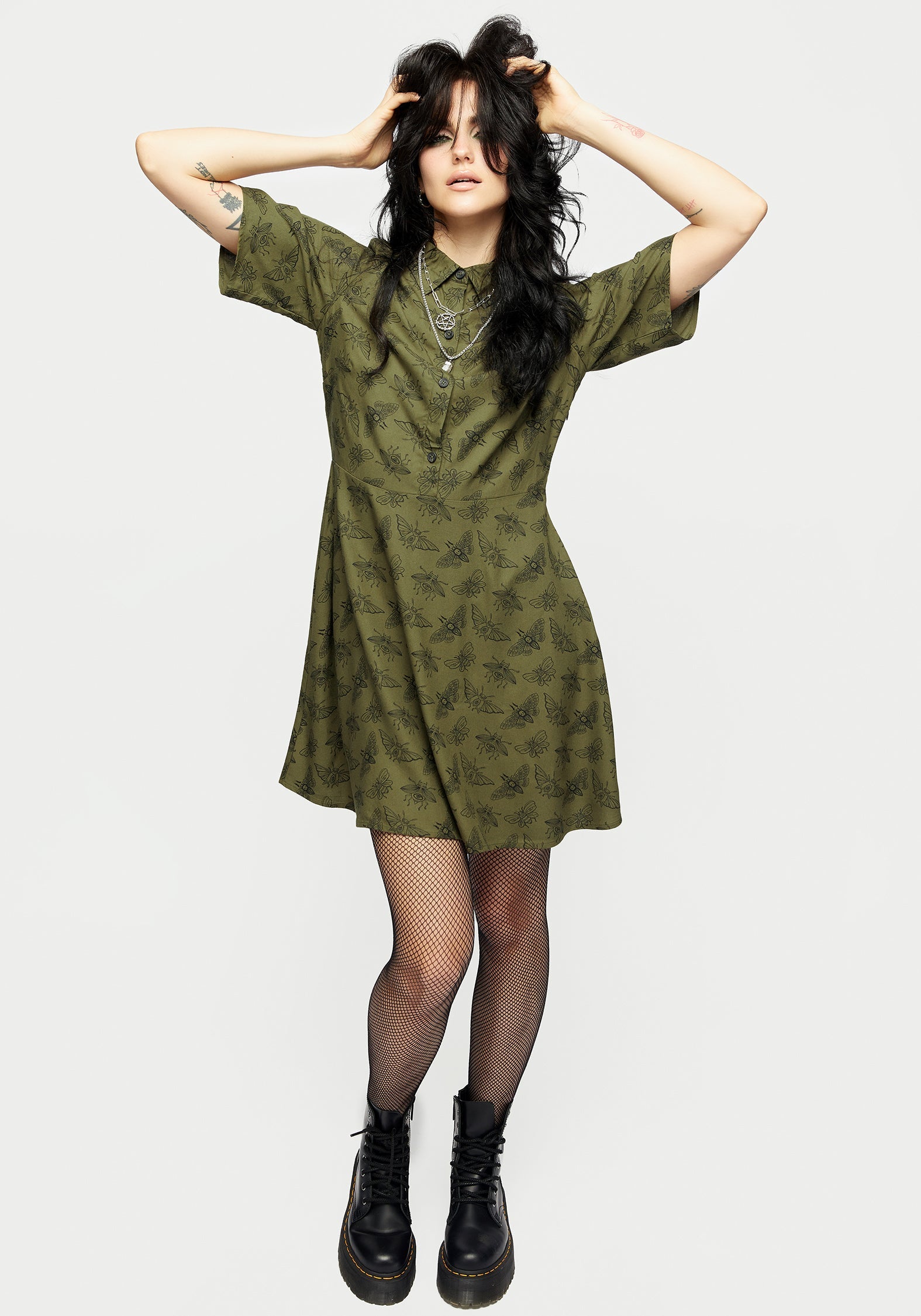 Green Moth Print Mini Shirt Dress | Slim Fit & Boxy Sleeves | Mortmoth