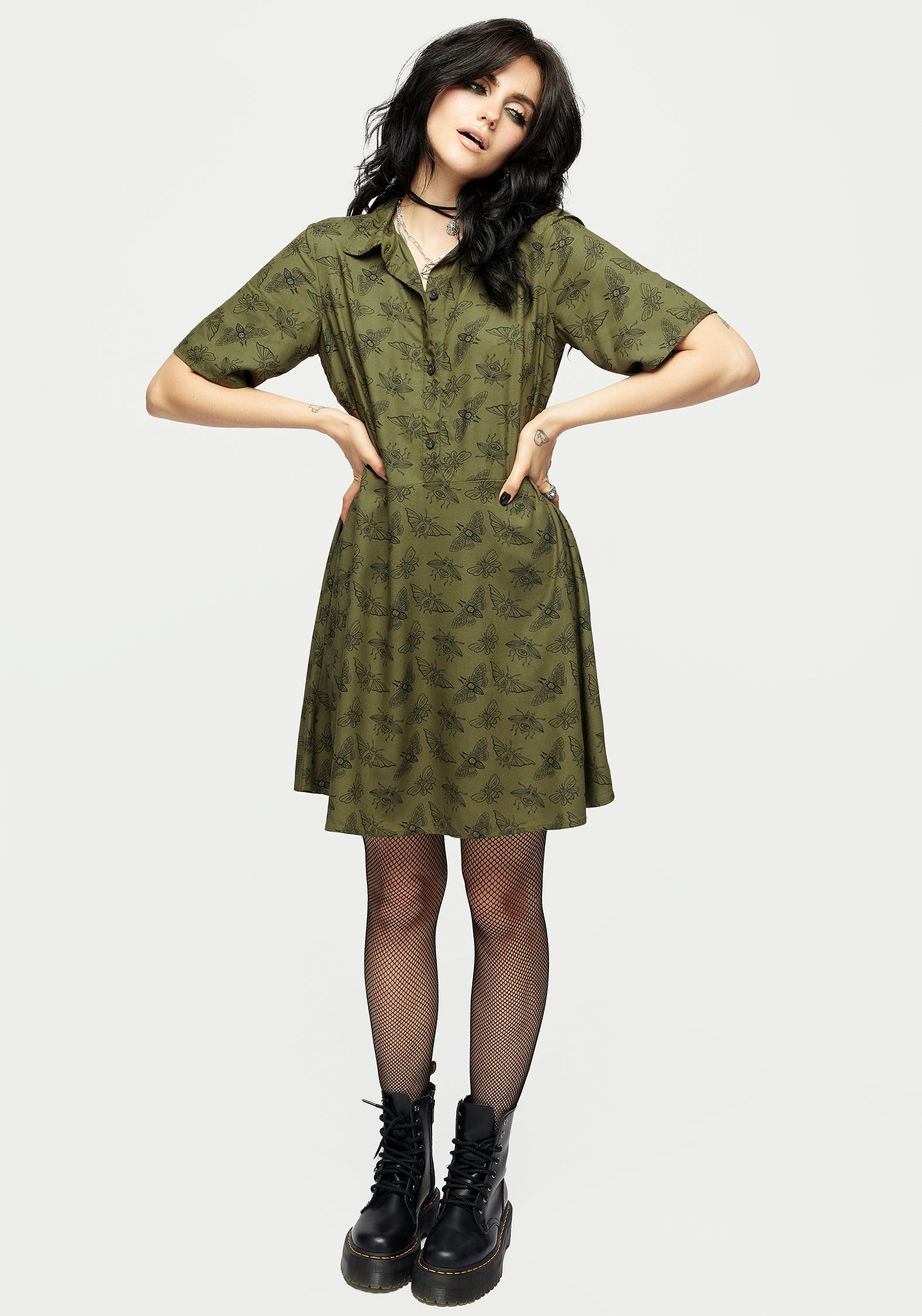 Green Moth Print Mini Shirt Dress | Slim Fit & Boxy Sleeves | Mortmoth