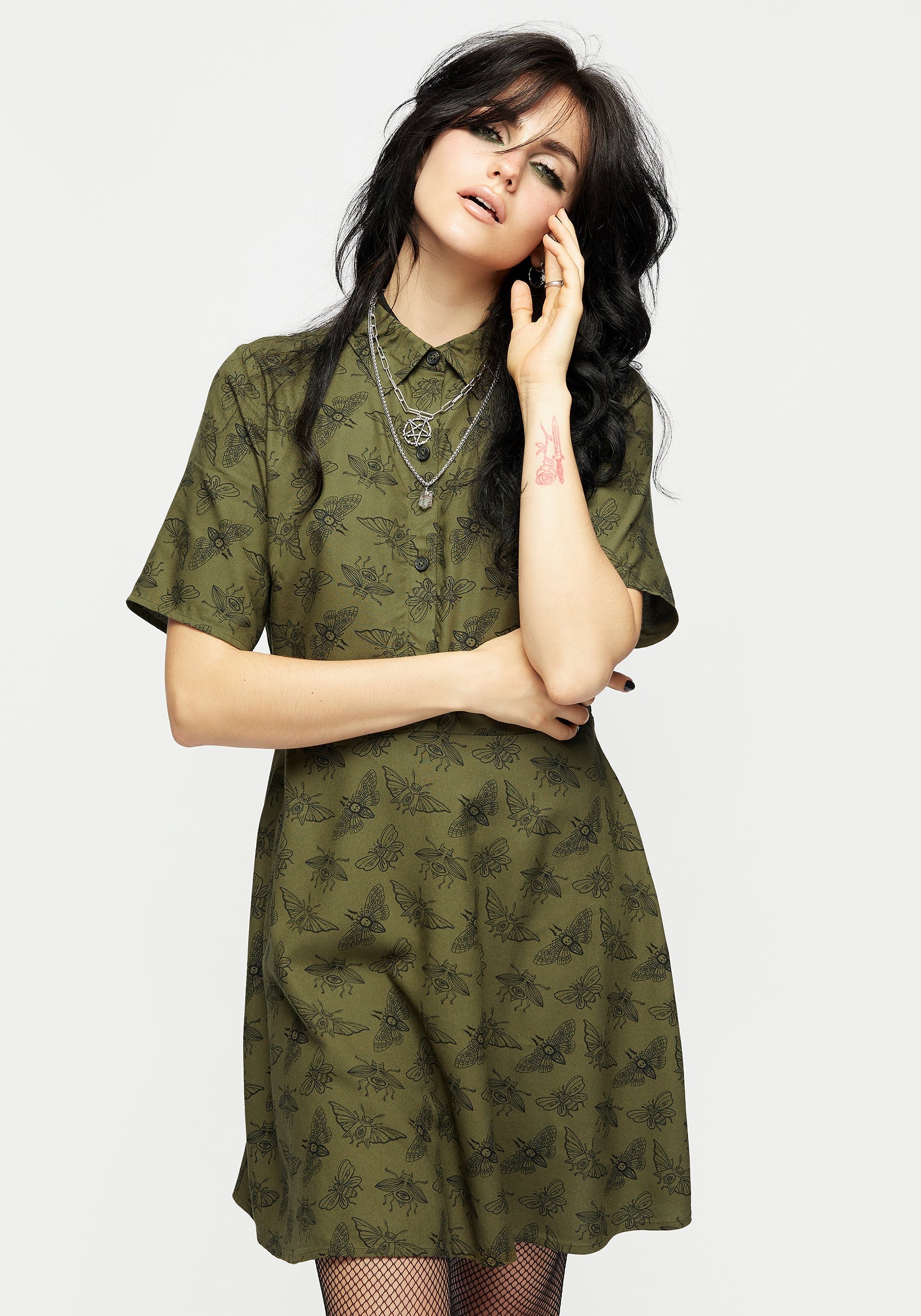 Green Moth Print Mini Shirt Dress | Slim Fit & Boxy Sleeves | Mortmoth