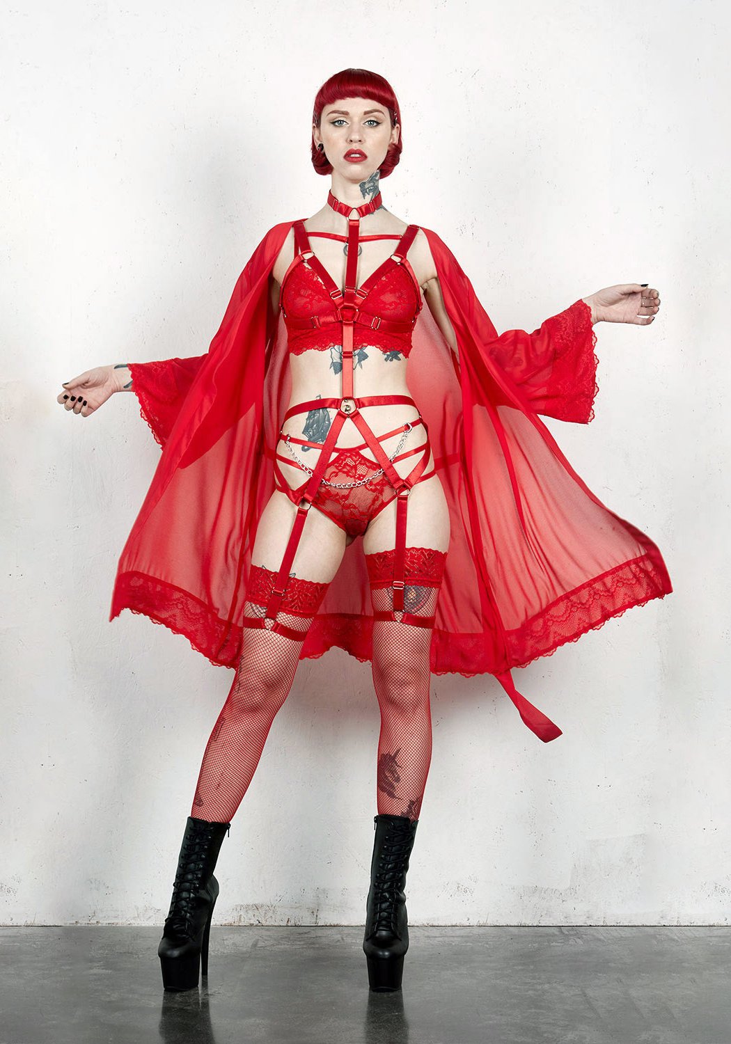 Red Sheer Kimono Robe with Lace Trim | Infernal