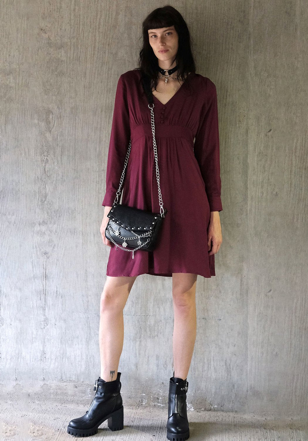 Berry Fit & Flare Dress with Button Neckline | Mona Dress