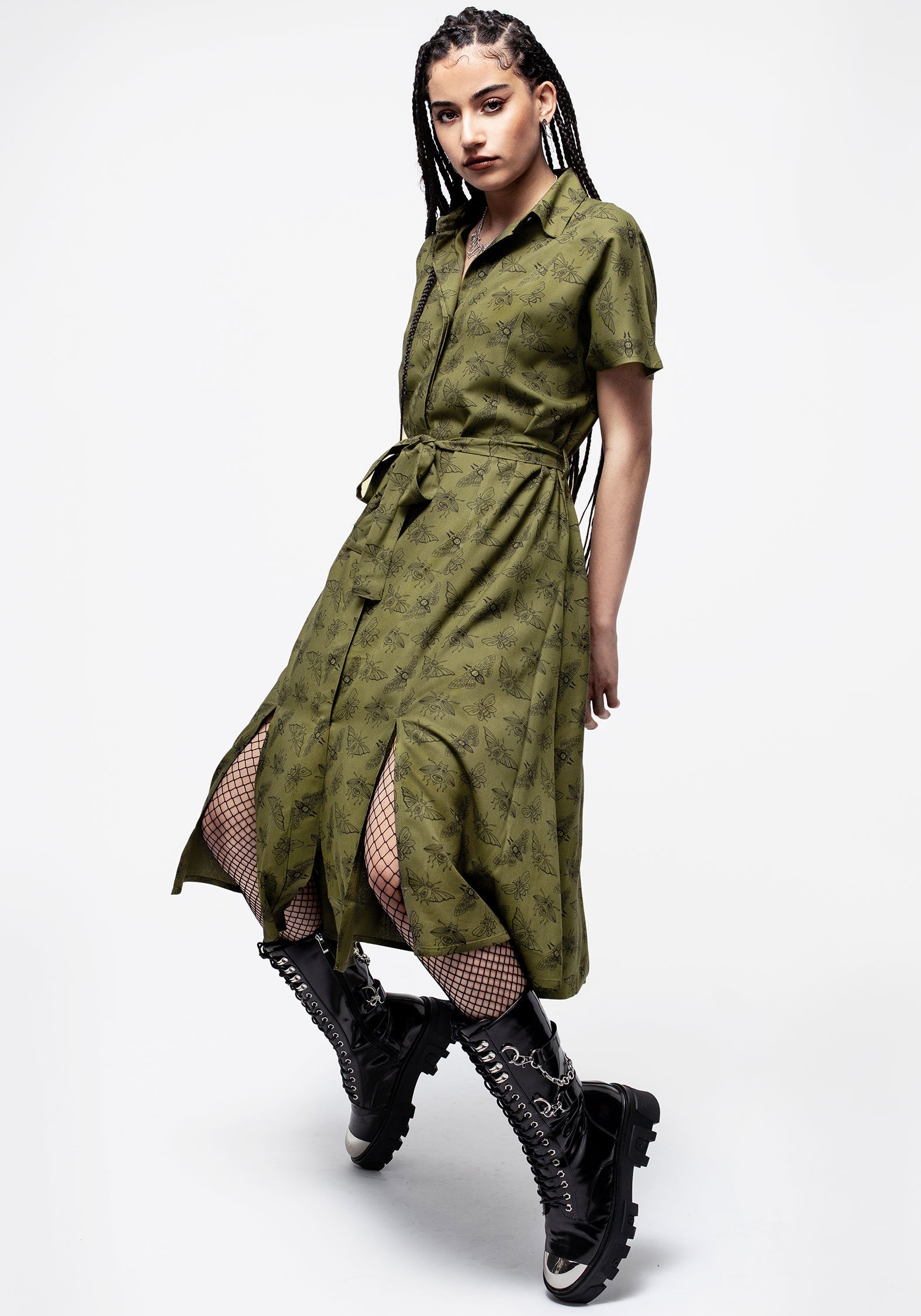 Green Moth Print Midi Shirt Dress with Belt | Mortmoth