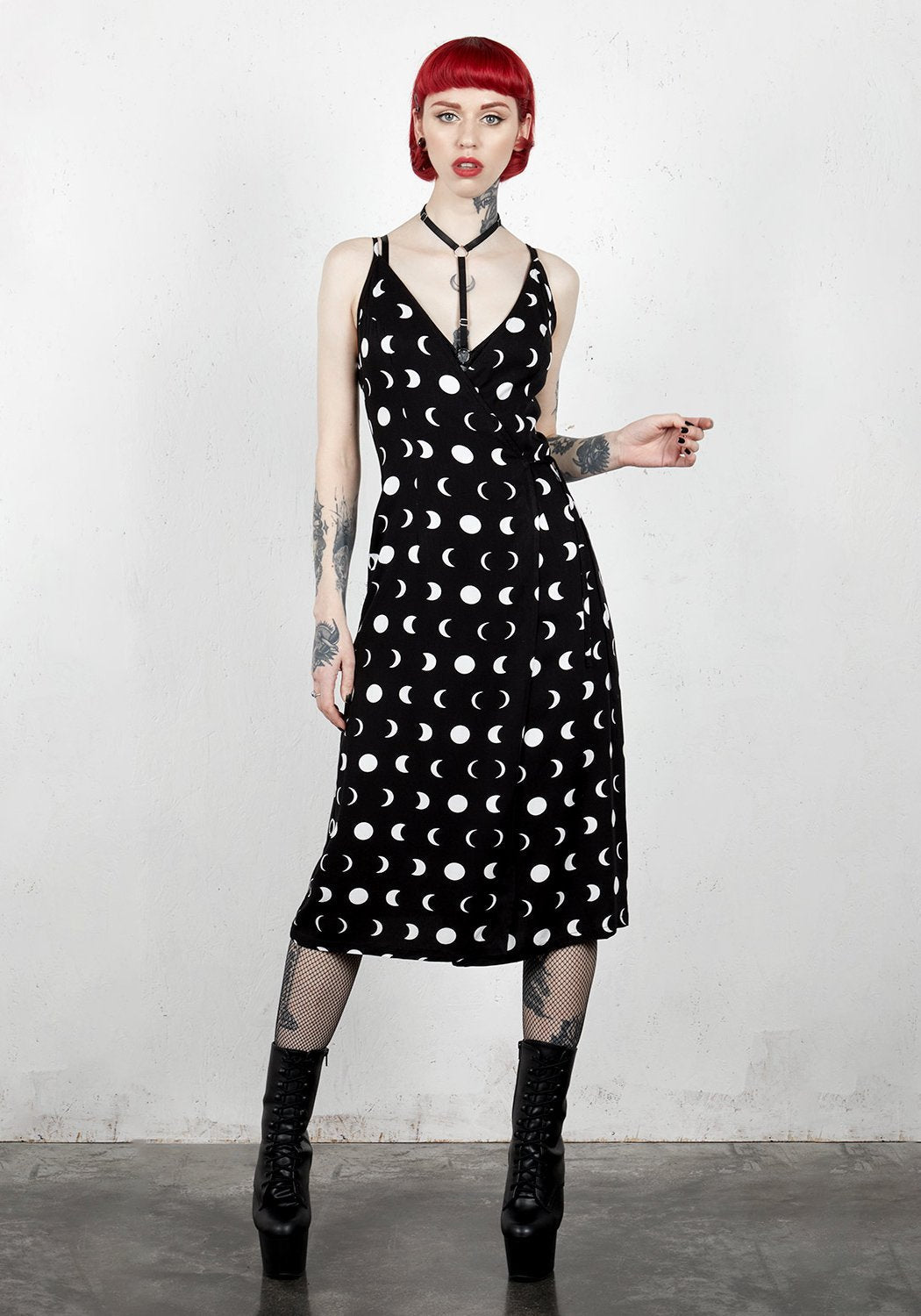 Moon Phase Print Wrap Dress with Thin Straps | Lunar Wrap