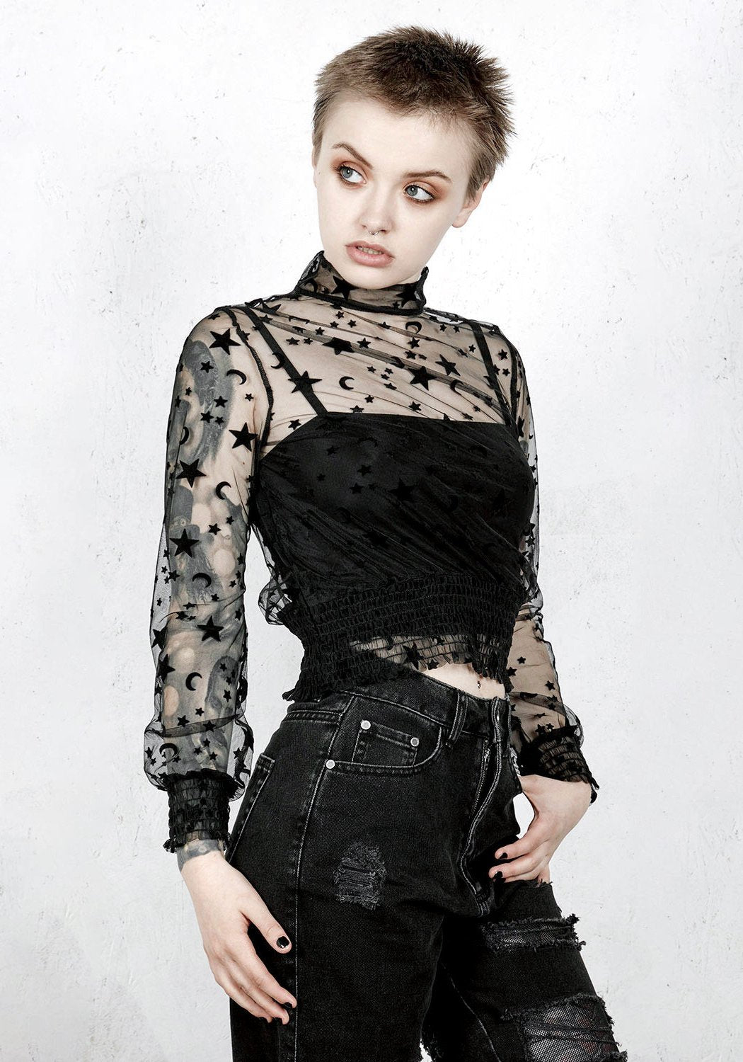 Velvet Mesh Puff Sleeve Top with Star & Moon Pattern | Moondance