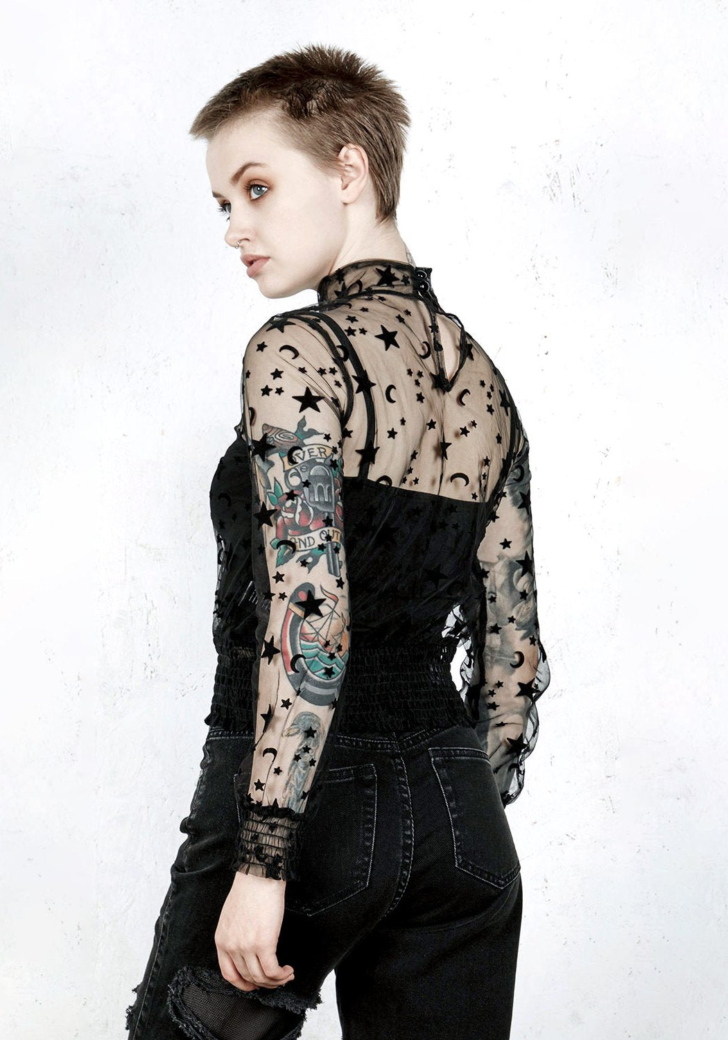 Velvet Mesh Puff Sleeve Top with Star & Moon Pattern | Moondance