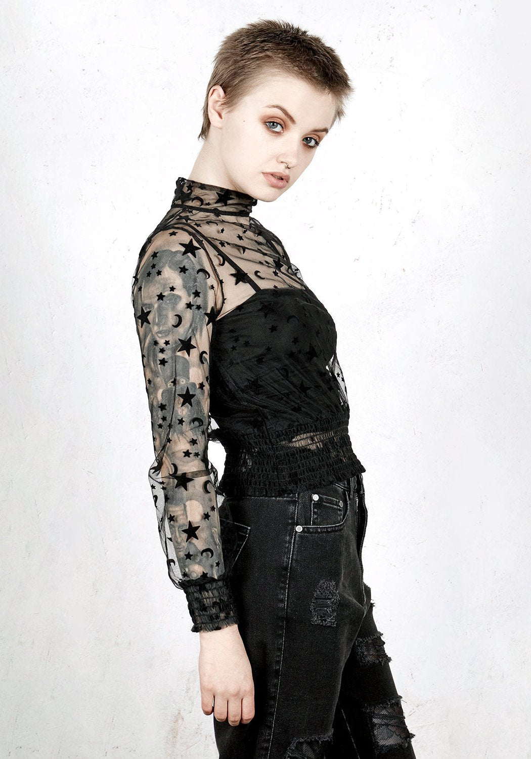 Velvet Mesh Puff Sleeve Top with Star & Moon Pattern | Moondance