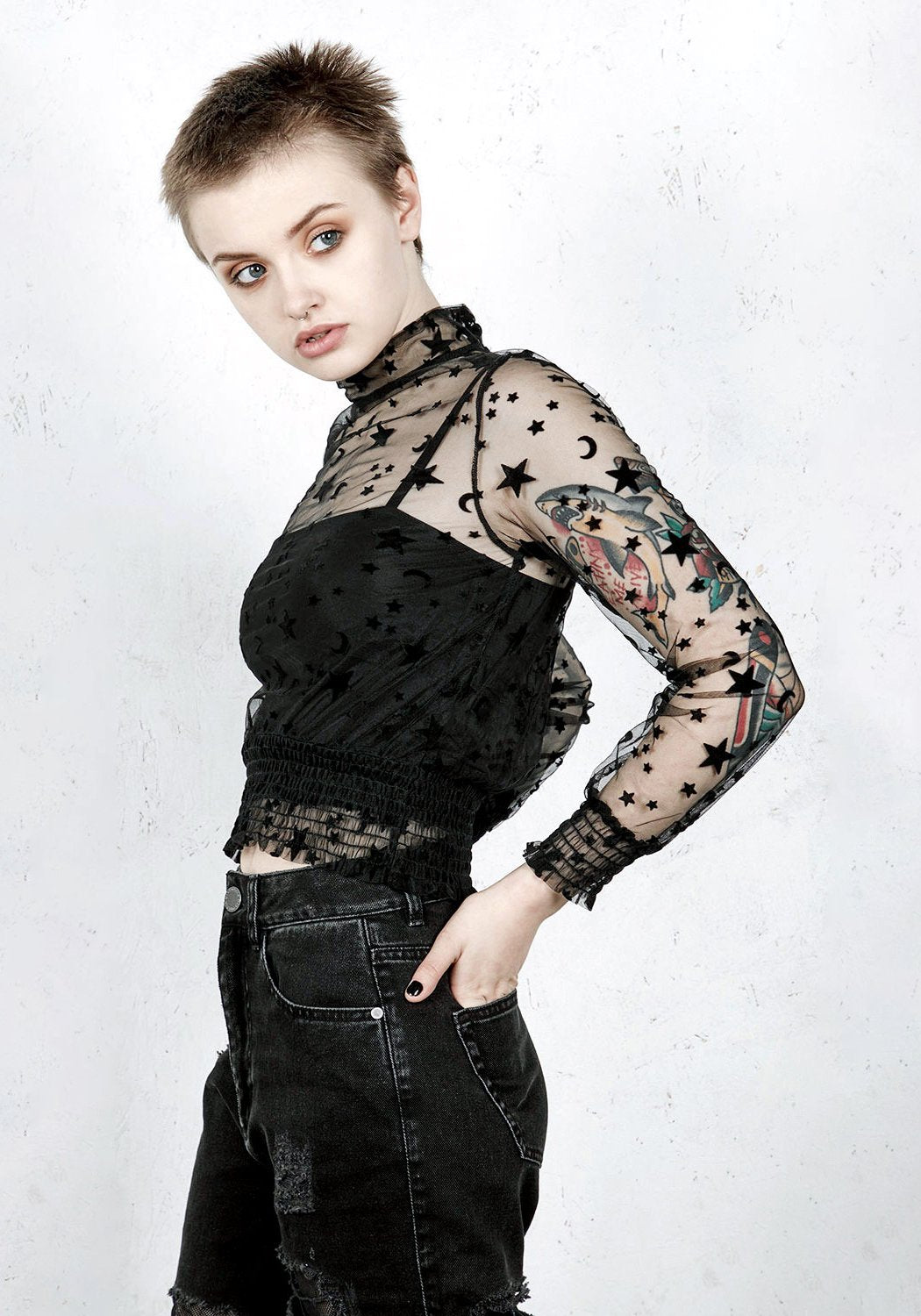 Velvet Mesh Puff Sleeve Top with Star & Moon Pattern | Moondance