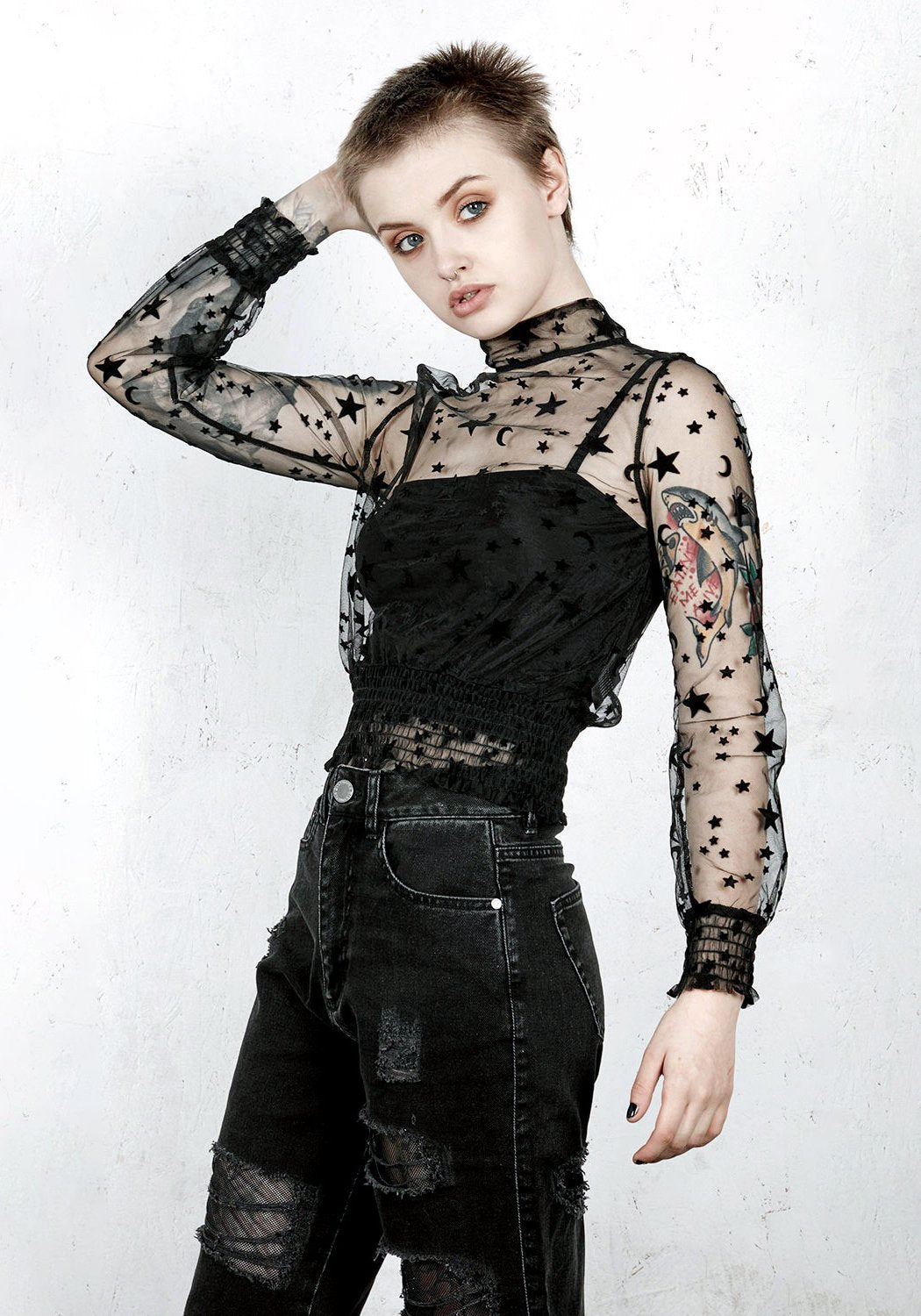 Velvet Mesh Puff Sleeve Top with Star & Moon Pattern | Moondance